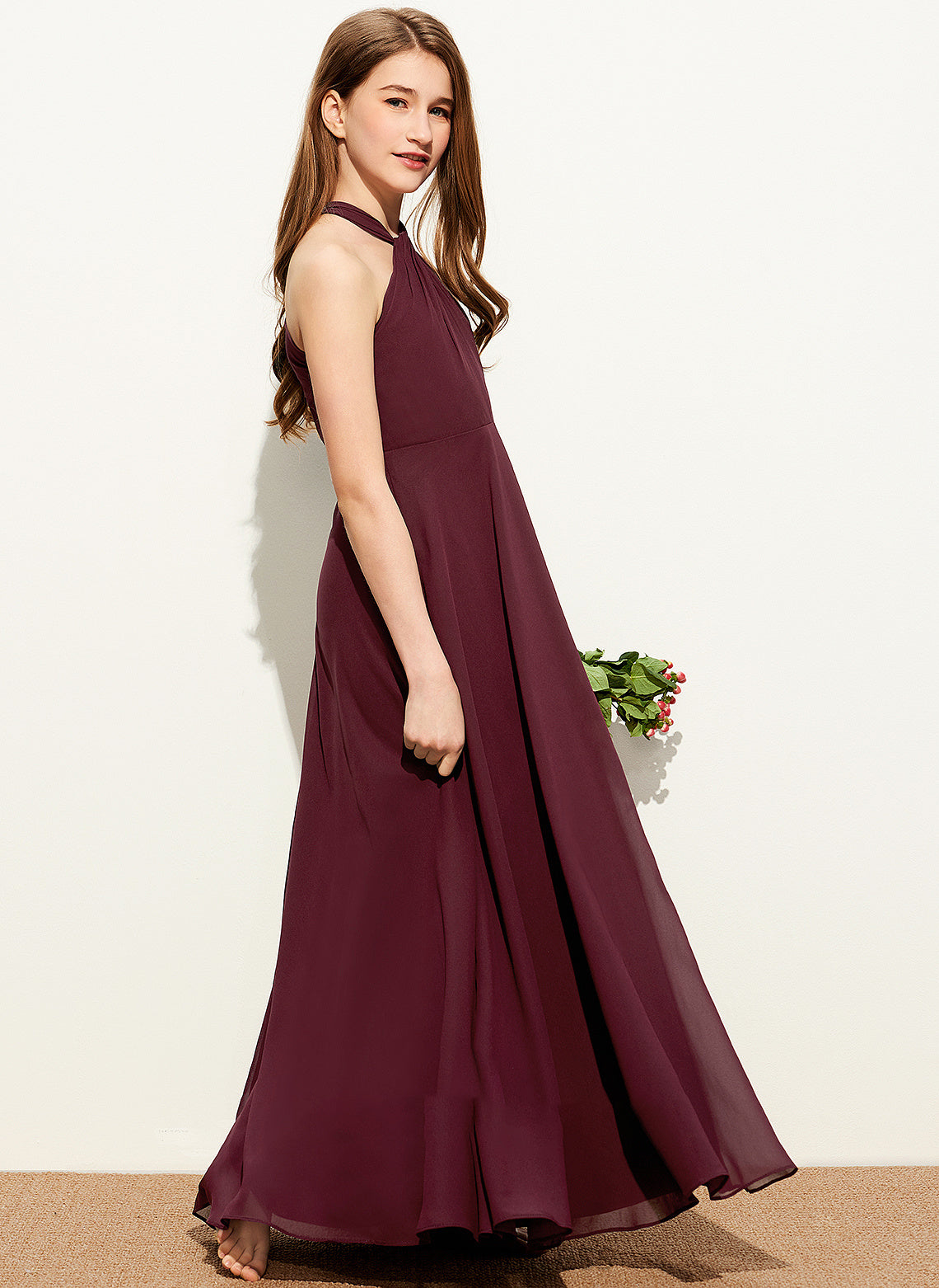 Ruffle Johanna Junior Bridesmaid Dresses With Chiffon Floor-Length V-neck A-Line