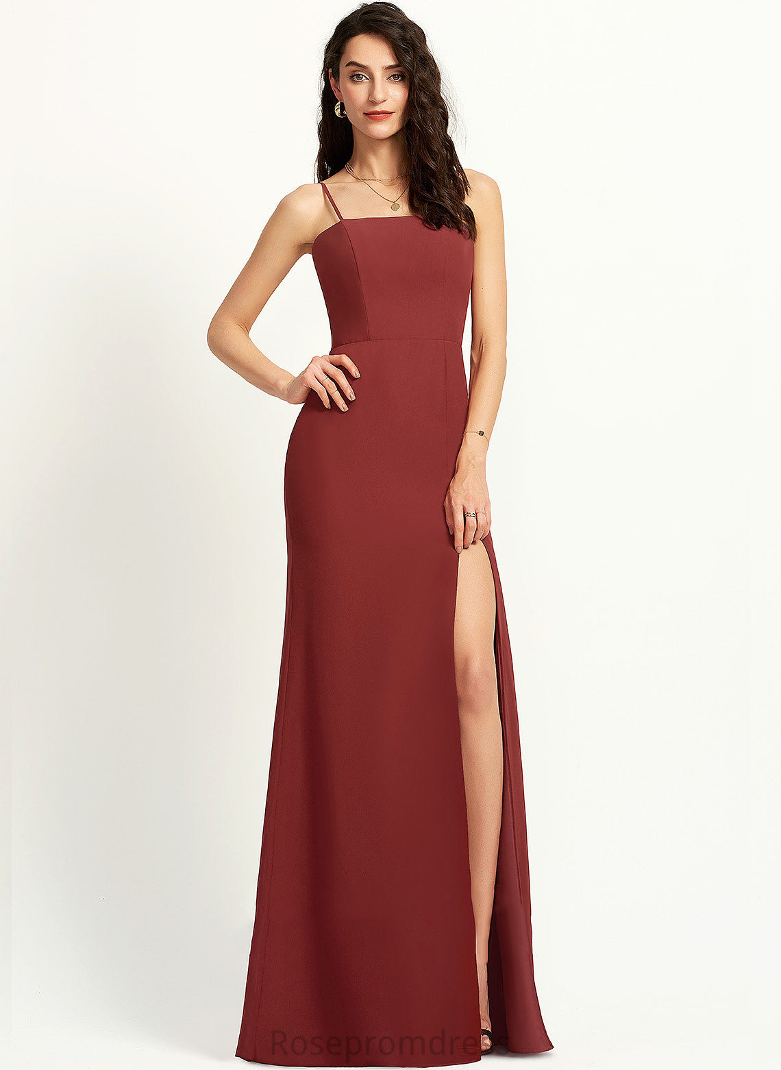 SplitFront Neckline SquareNeckline Sheath/Column Fabric Floor-Length Embellishment Length Silhouette Mckinley Spaghetti Staps Sleeveless Bridesmaid Dresses