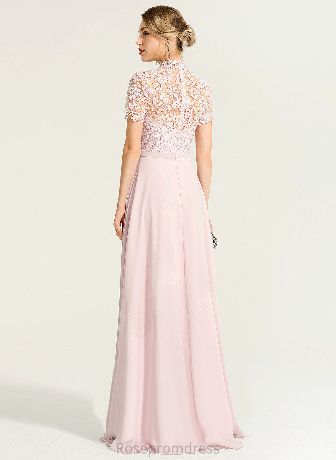 High Chiffon Prom Dresses Illusion Fatima Lace Neck Floor-Length A-Line