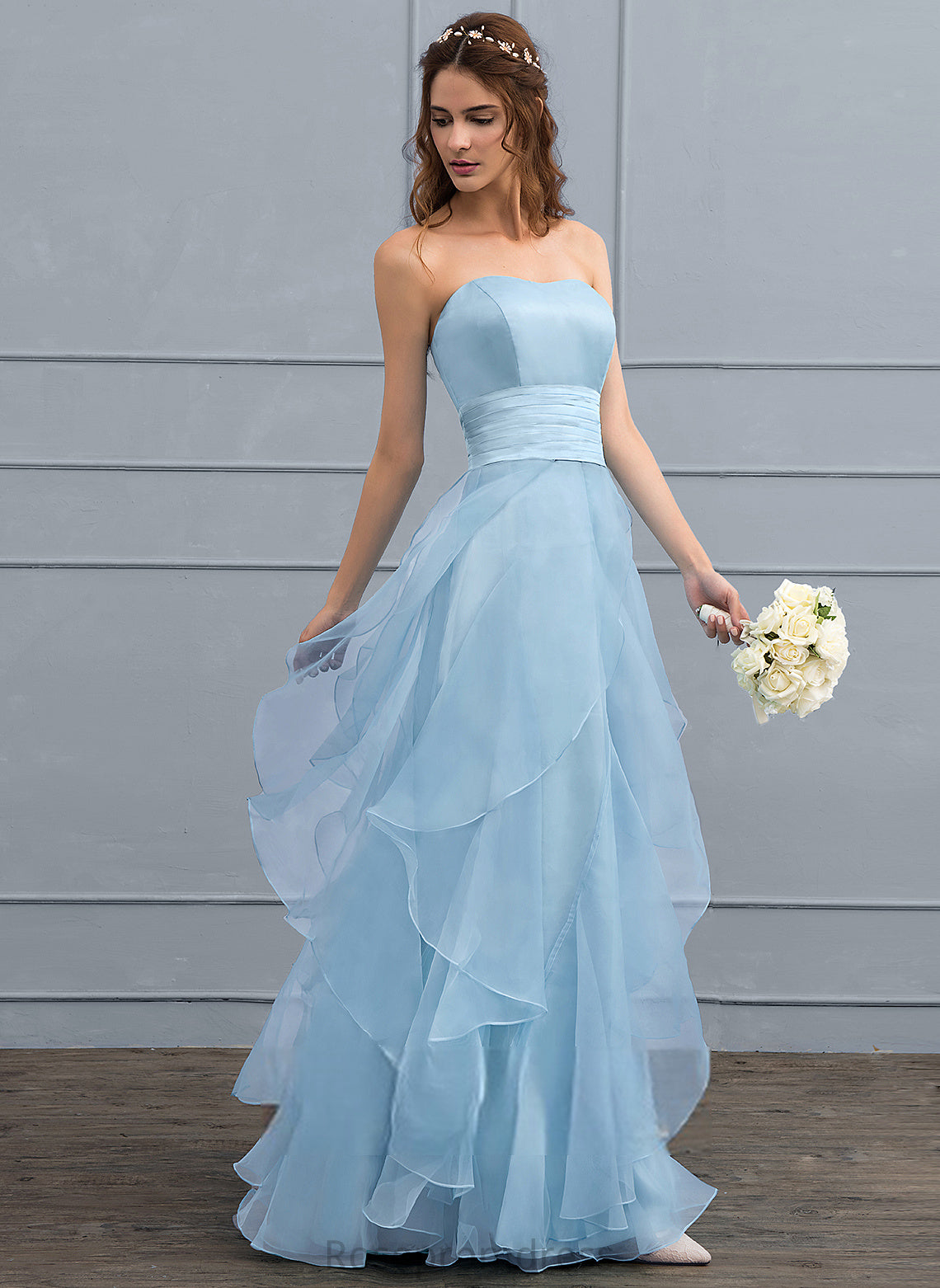 Charmeuse With Floor-Length Organza Cascading Sweetheart Wedding Wedding Dresses Ruffles Marcie A-Line Dress