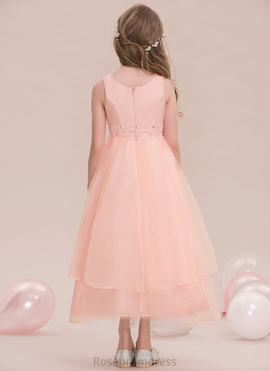 With Skye Junior Bridesmaid Dresses Beading A-Line Organza Ankle-Length Sequins Neck Scoop