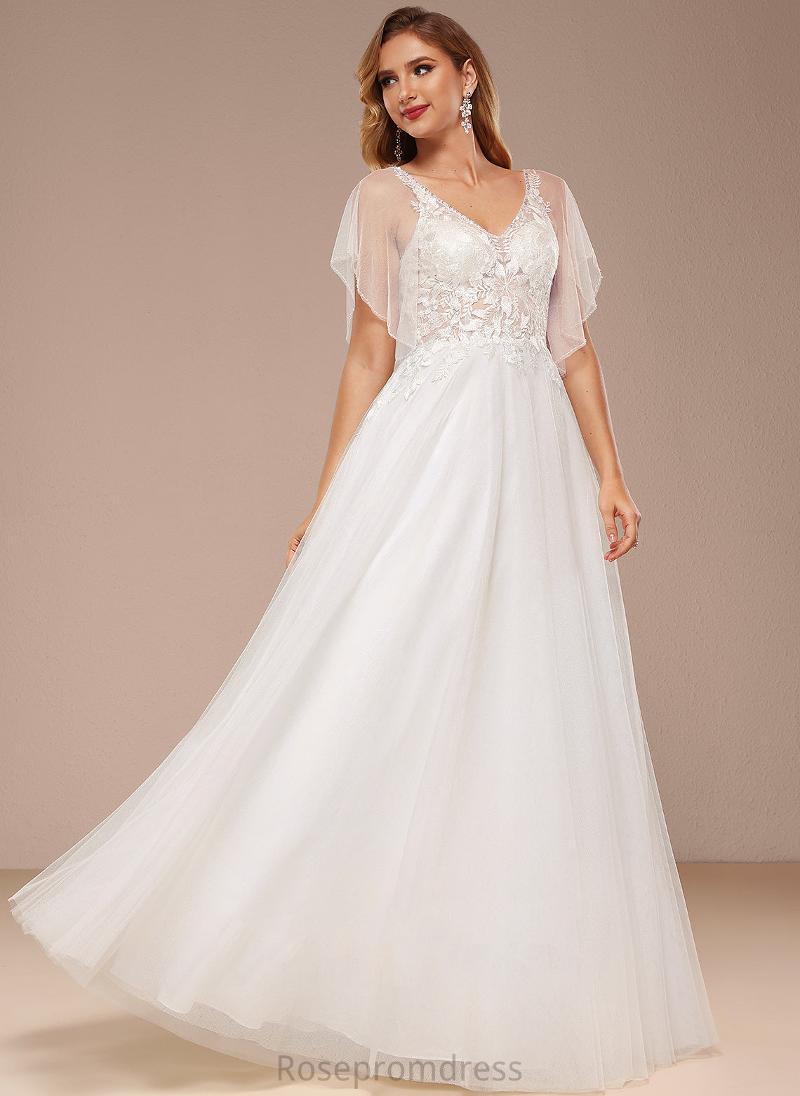 Tulle With Dress Ruffle A-Line Wedding Dresses Cassandra Wedding Sequins Lace Floor-Length V-neck