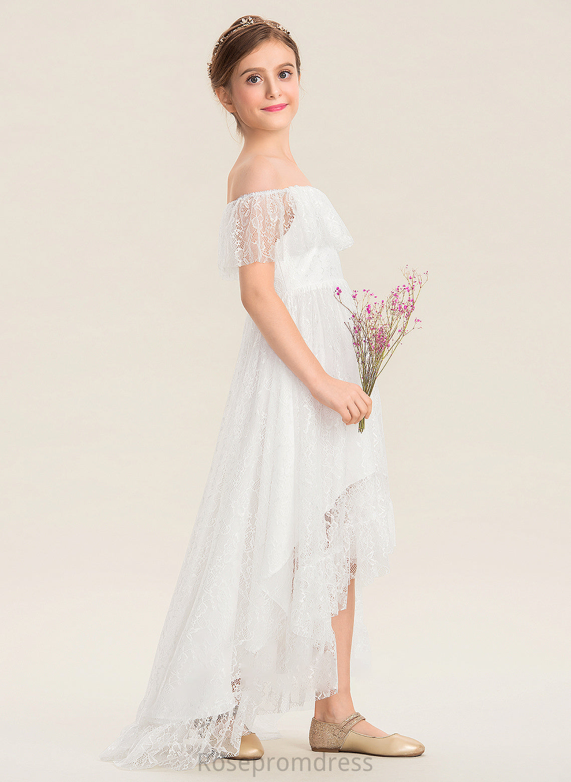 Junior Bridesmaid Dresses Off-the-Shoulder Lace Elizabeth Asymmetrical A-Line