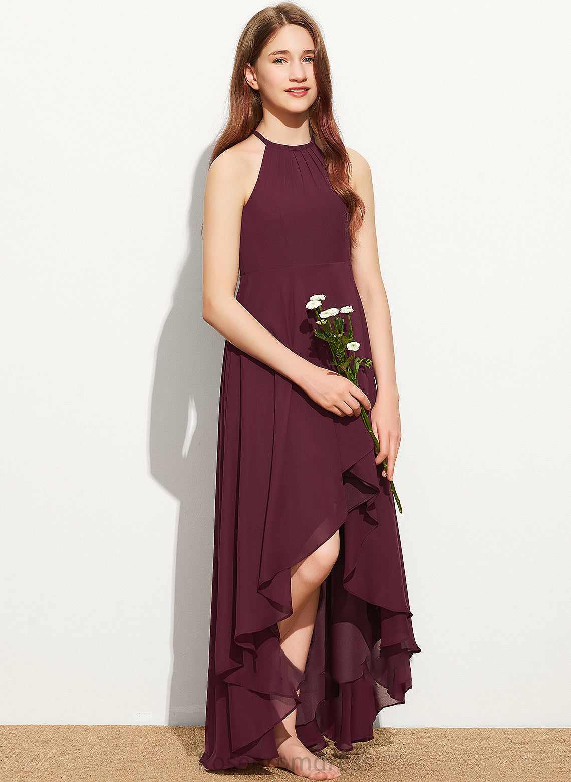 Ruffle Chiffon Scoop With Neck A-Line Dixie Asymmetrical Junior Bridesmaid Dresses