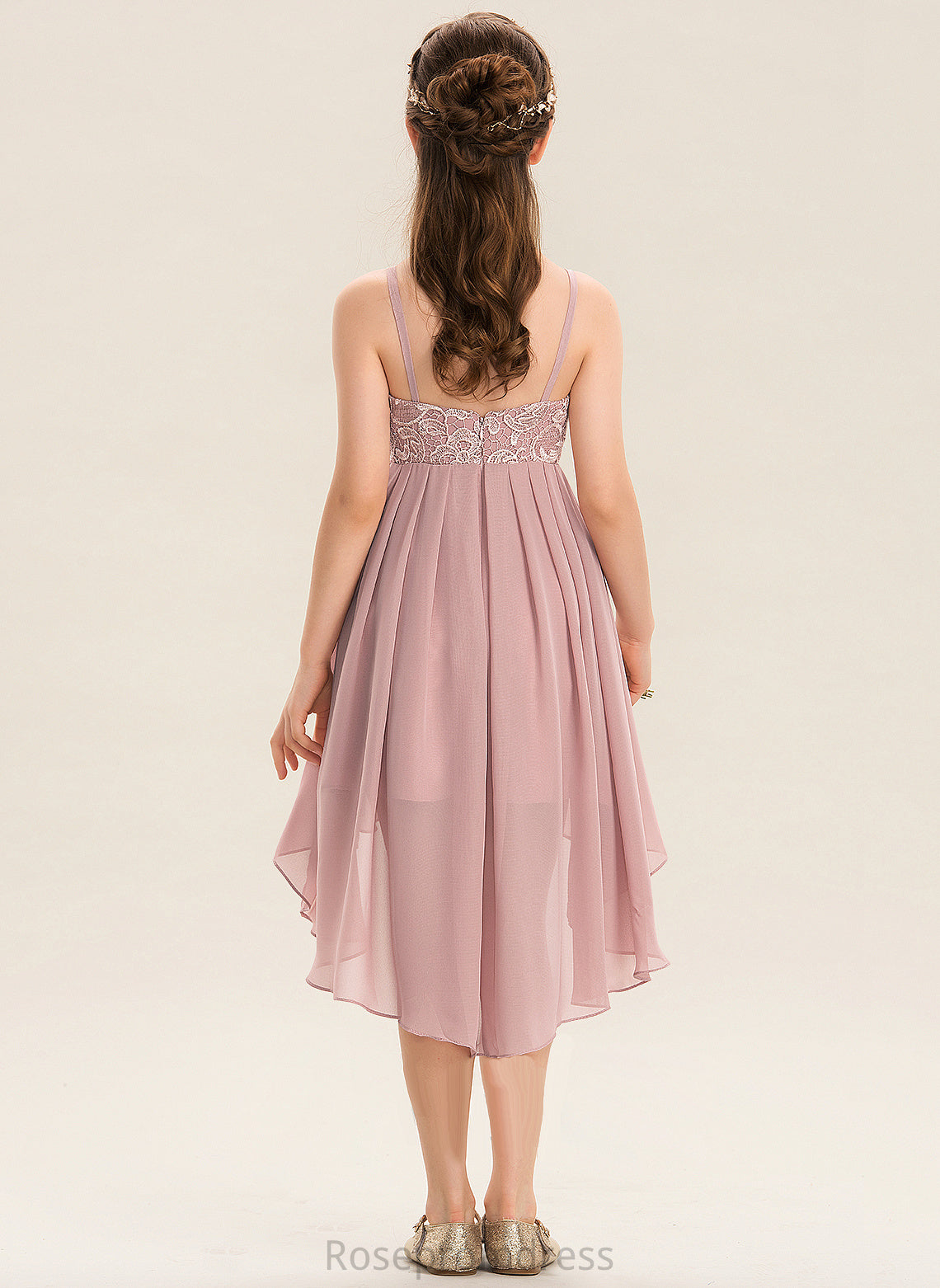 Lace Chiffon Neckline Journey Square Asymmetrical A-Line Junior Bridesmaid Dresses