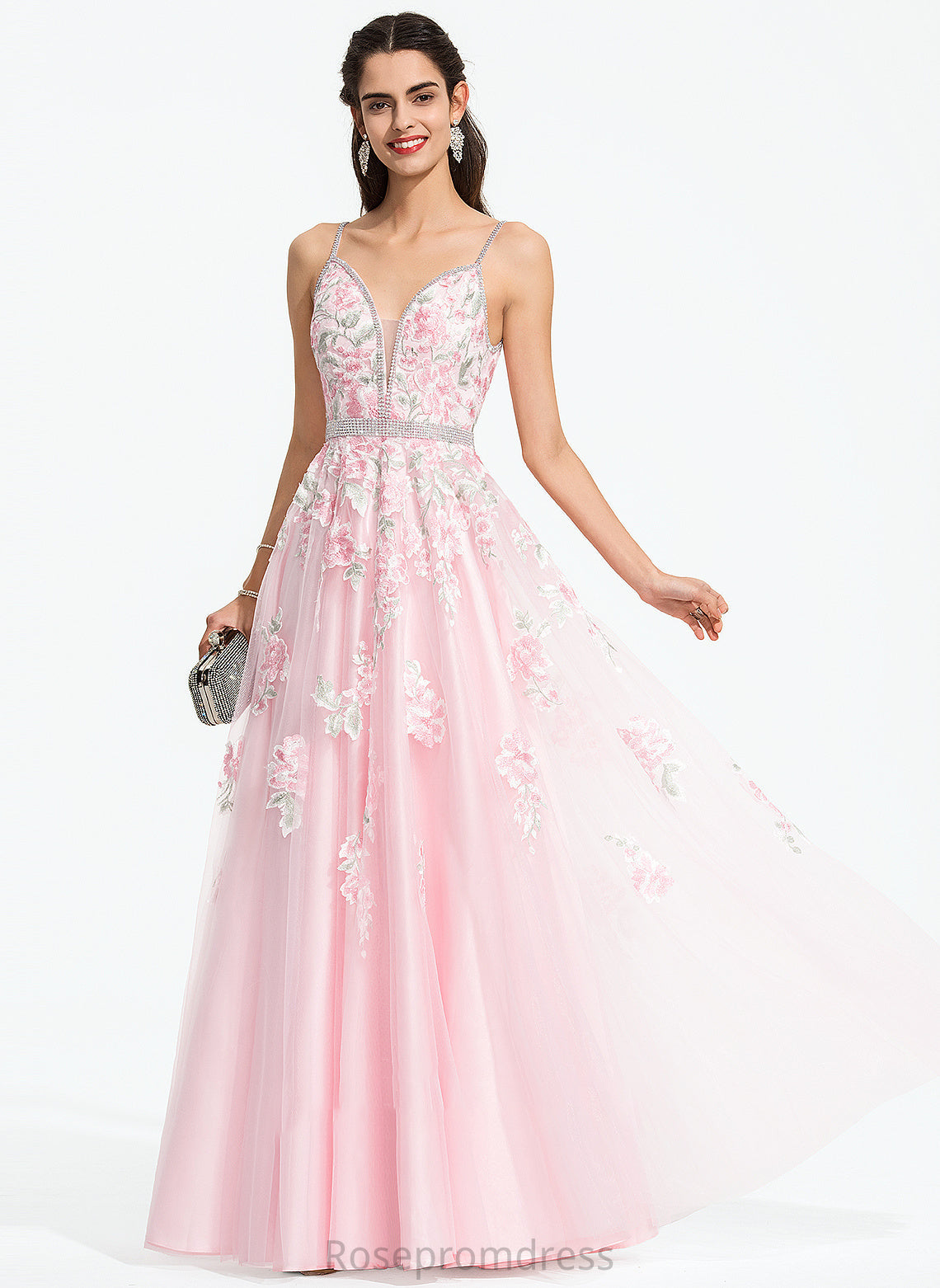 Floor-Length V-neck Tulle Ball-Gown/Princess Prom Dresses With Jasmin Beading Sequins