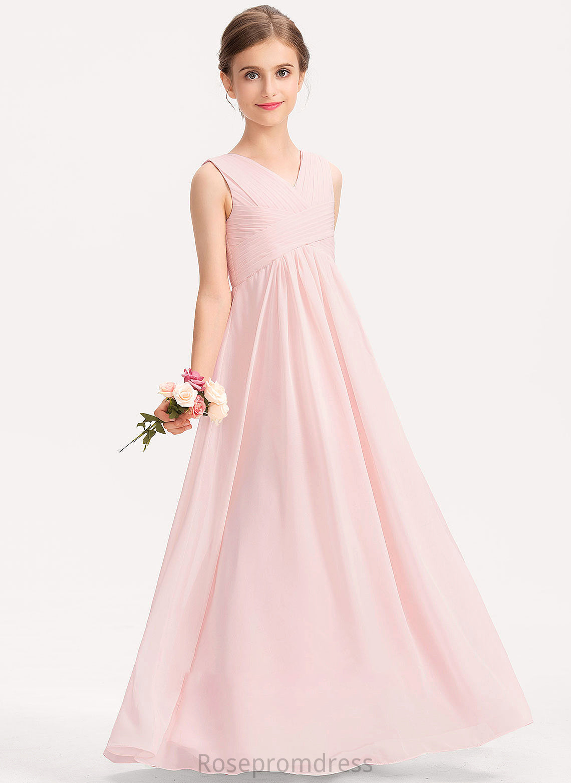 V-neck With Parker A-Line Floor-Length Chiffon Ruffle Junior Bridesmaid Dresses