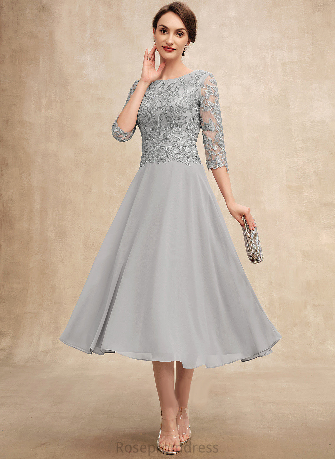 Mother With Bride Scoop of Chiffon Mother of the Bride Dresses Jeanie Sequins Lace the A-Line Tea-Length Dress Neck