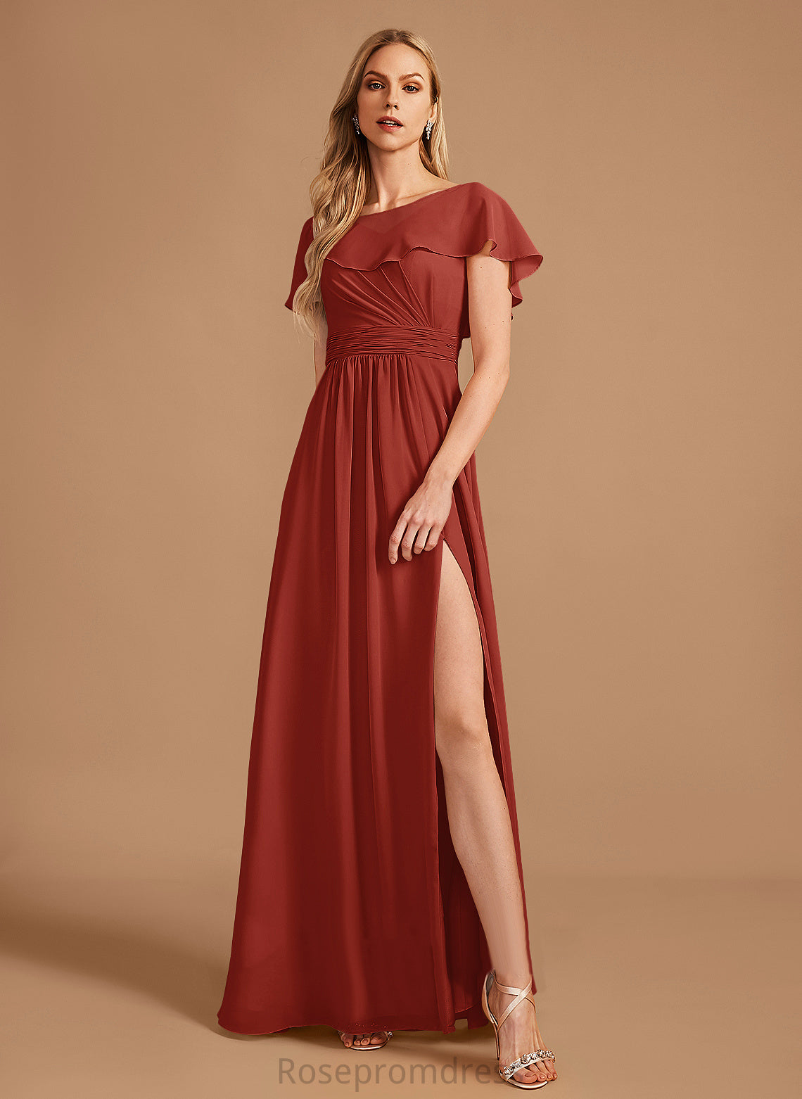 Fabric Length HighNeck Embellishment A-Line Neckline Silhouette SplitFront Ruffle Floor-Length Phyllis Spandex Bridesmaid Dresses