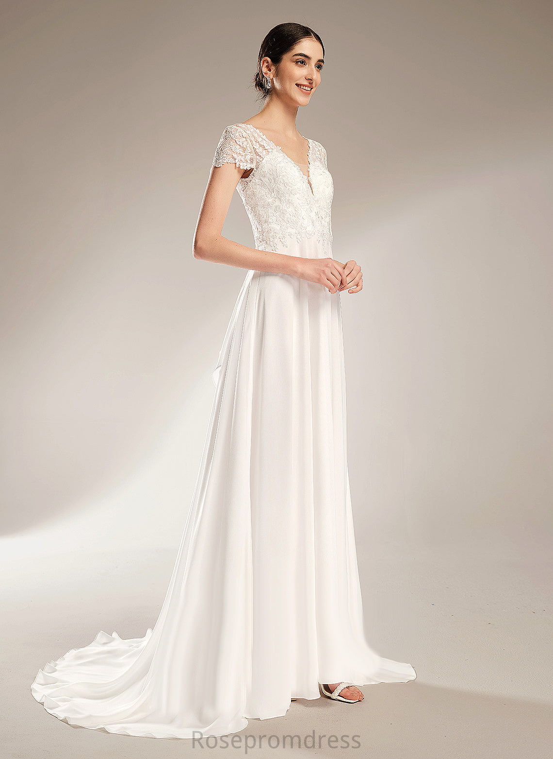 Wedding Melany Chiffon Bow(s) Lace Wedding Dresses V-neck A-Line Court With Dress Train