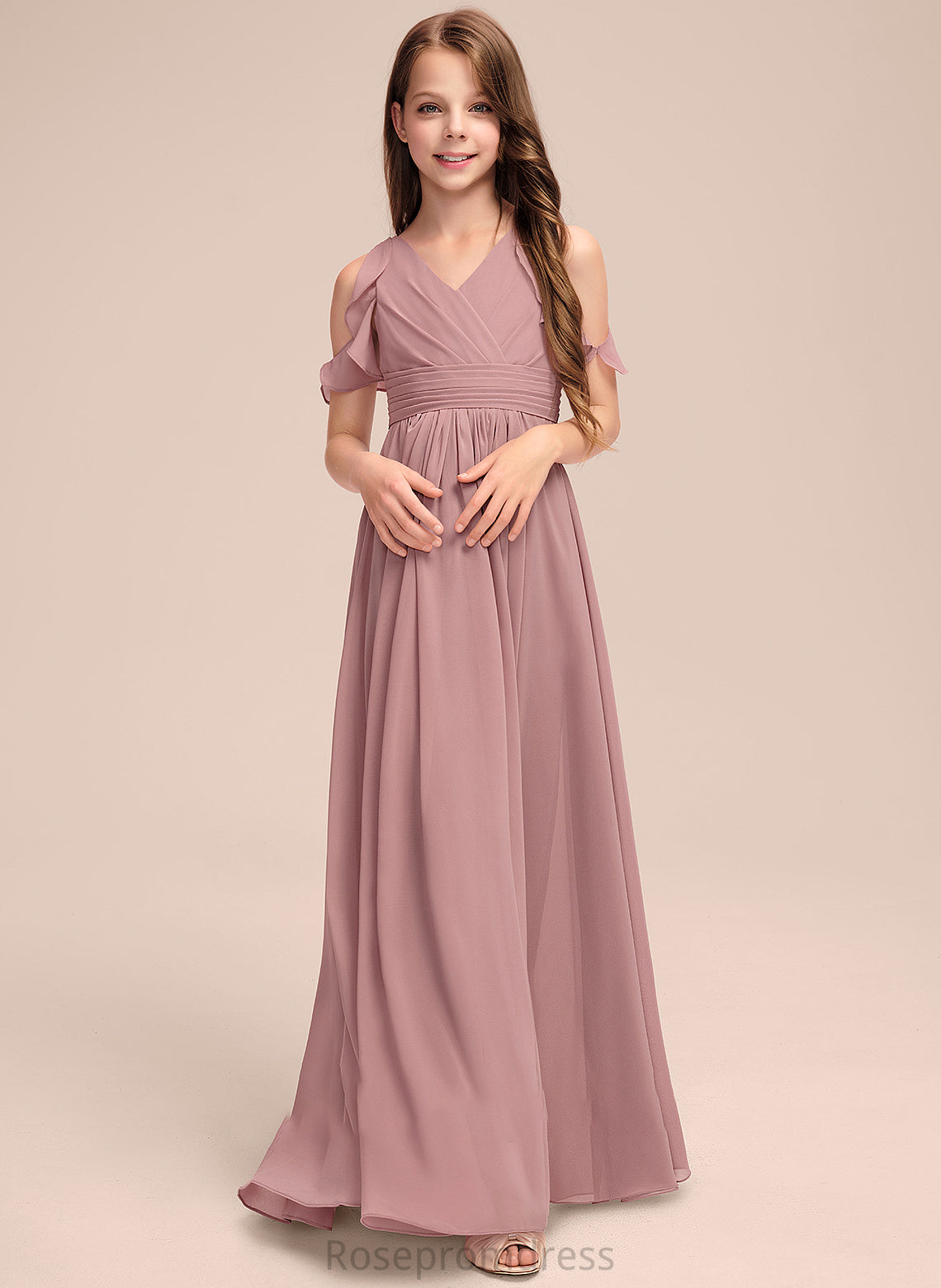 Ruffles V-neck A-Line Cascading Kinley Junior Bridesmaid Dresses Chiffon Floor-Length With