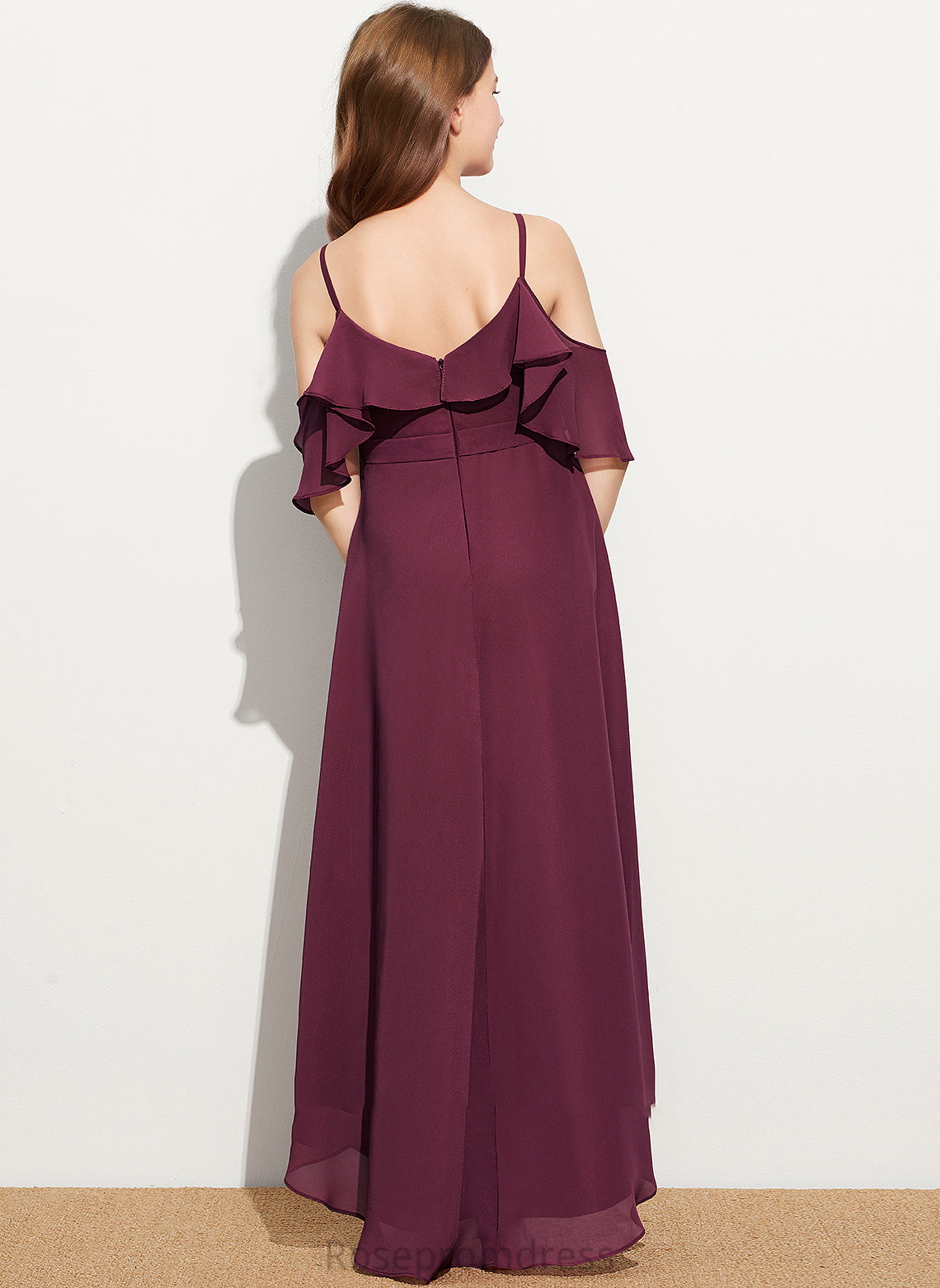 Off-the-Shoulder With Zoie Ruffles Chiffon Cascading Asymmetrical A-Line Junior Bridesmaid Dresses