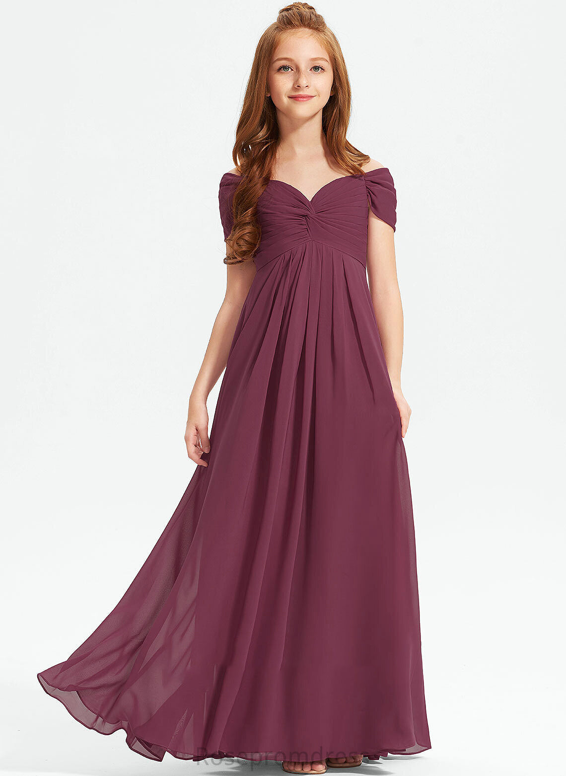 Ruffle Chiffon Floor-Length Juliet Junior Bridesmaid Dresses Off-the-Shoulder With A-Line