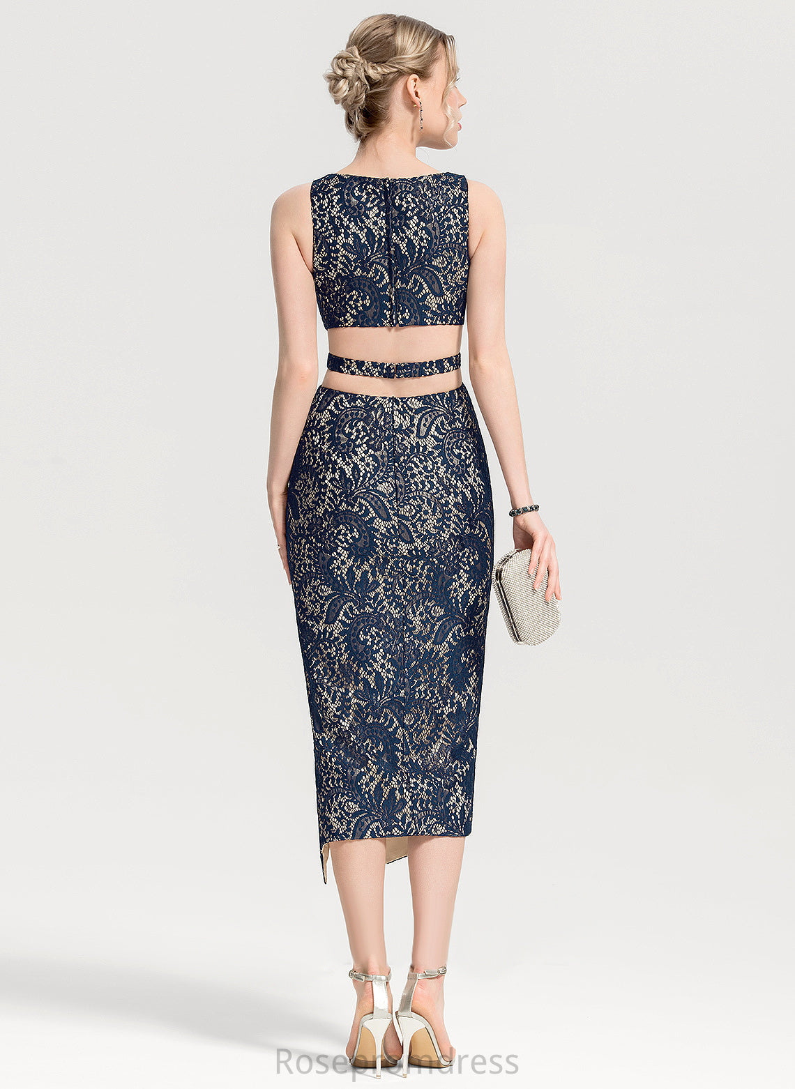 Split Tea-Length Lace Sheath/Column Neck Dress Scoop With Cocktail Dresses Cocktail Martina Front