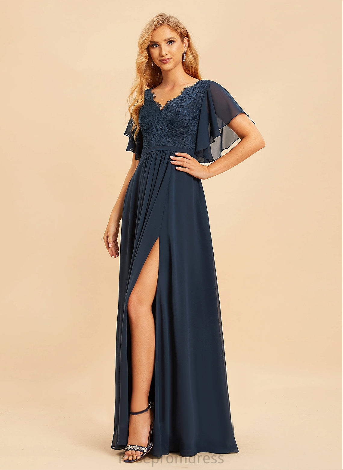 Floor-Length V-Neck A-line Length Lace Straps&Sleeves Neckline Fabric Silhouette Kylie Floor Length Velvet Bridesmaid Dresses