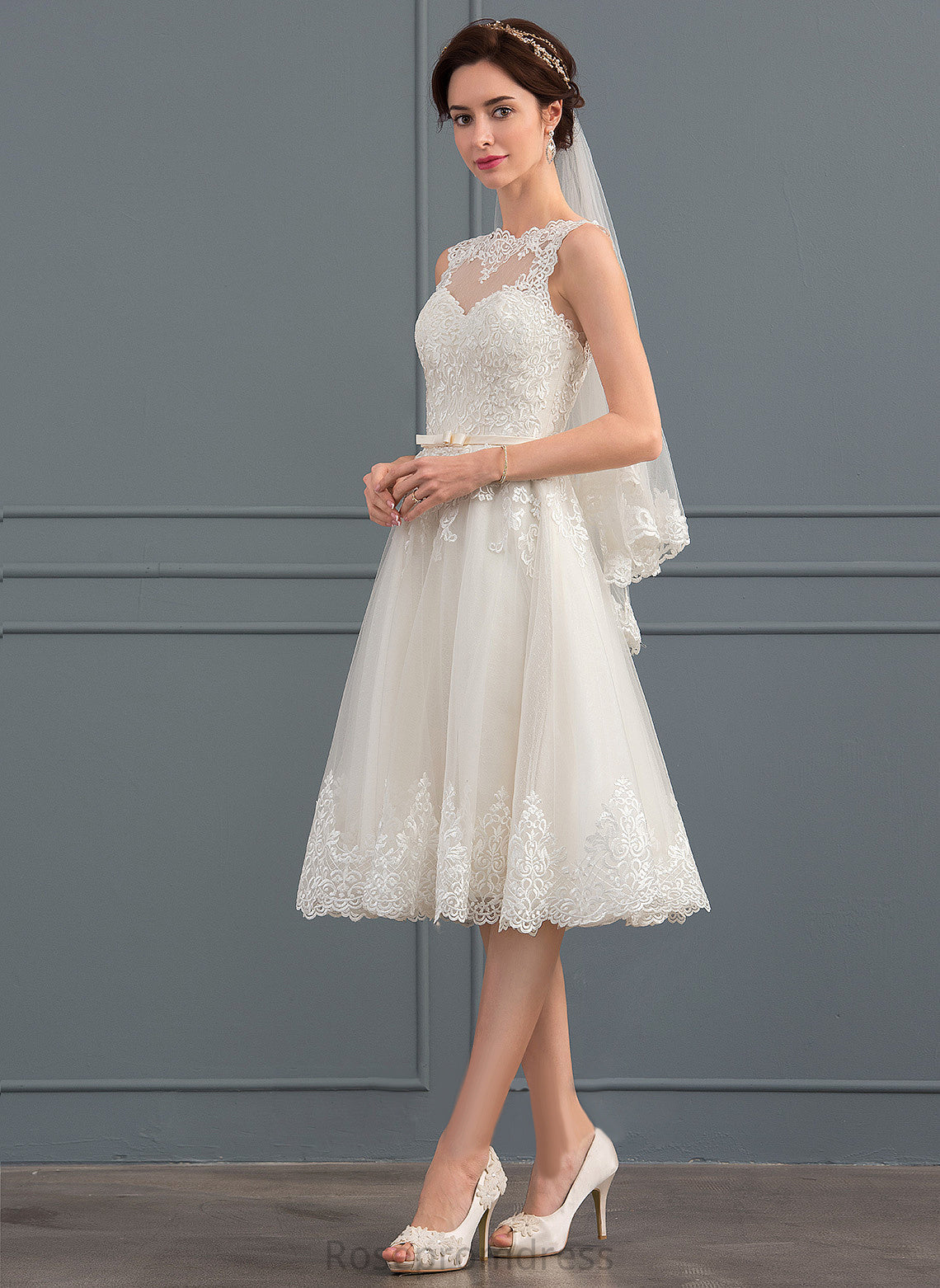 Wedding Dresses Dress Lace A-Line With Illusion Knee-Length Mikaela Wedding Satin Bow(s) Tulle