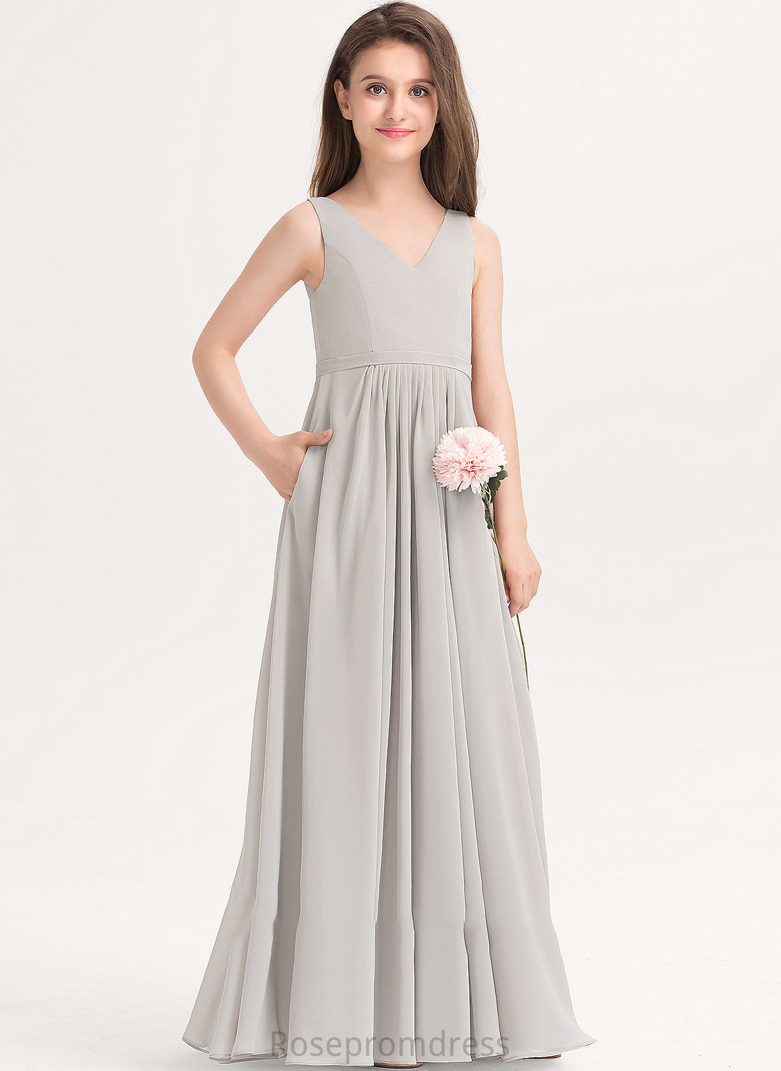 Floor-Length V-neck Roselyn Chiffon Pockets With A-Line Junior Bridesmaid Dresses