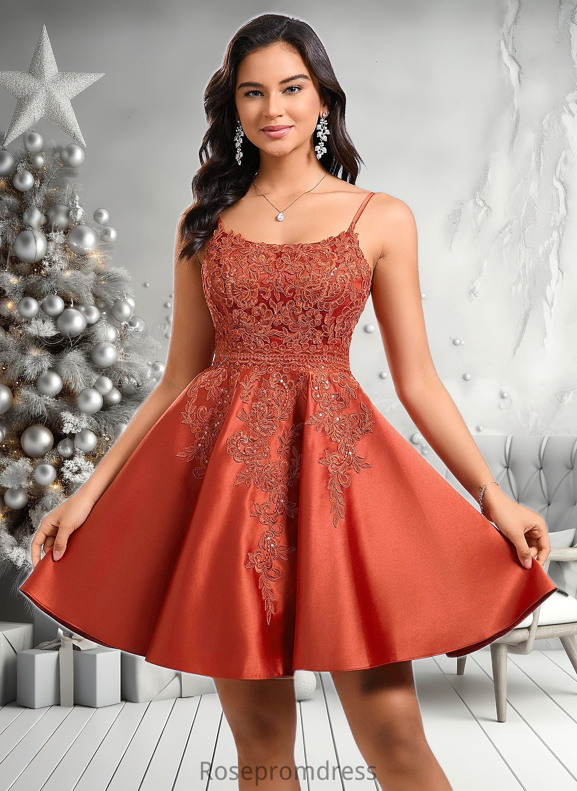 Valerie A-line Scoop Short Satin Lace Homecoming Dress With Sequins DSP0025683