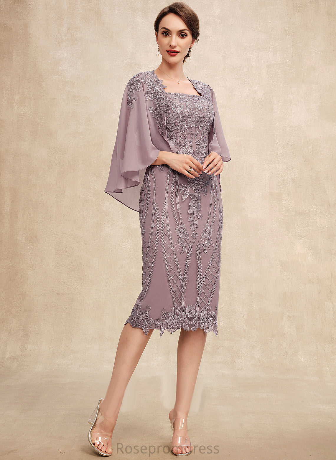 With Neckline Bride Sequins Chiffon of the Sheath/Column Alice Mother of the Bride Dresses Square Knee-Length Mother Dress Lace