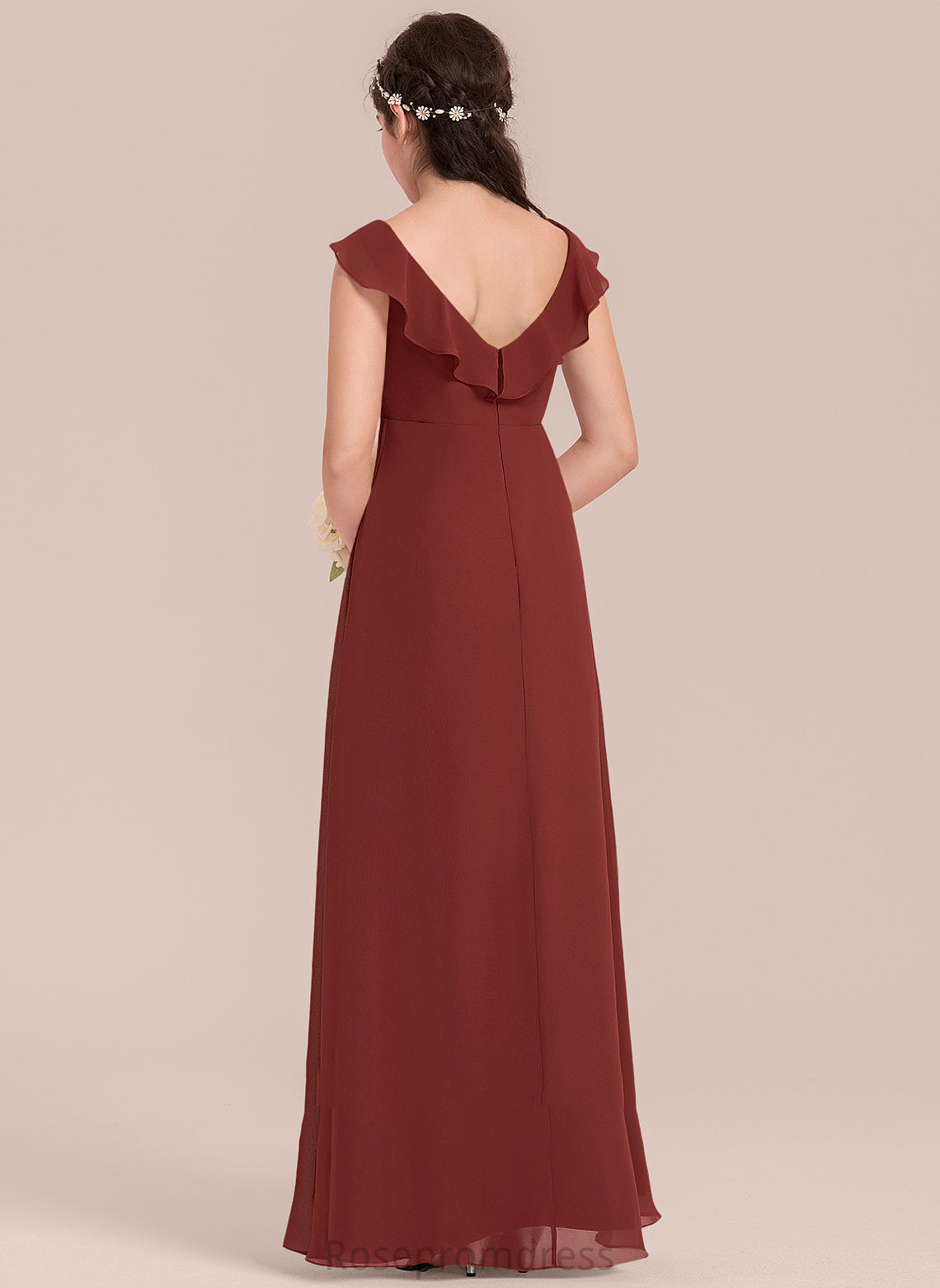 Chiffon Junior Bridesmaid Dresses With Gia Cascading Floor-Length Ruffles V-neck A-Line Split Front