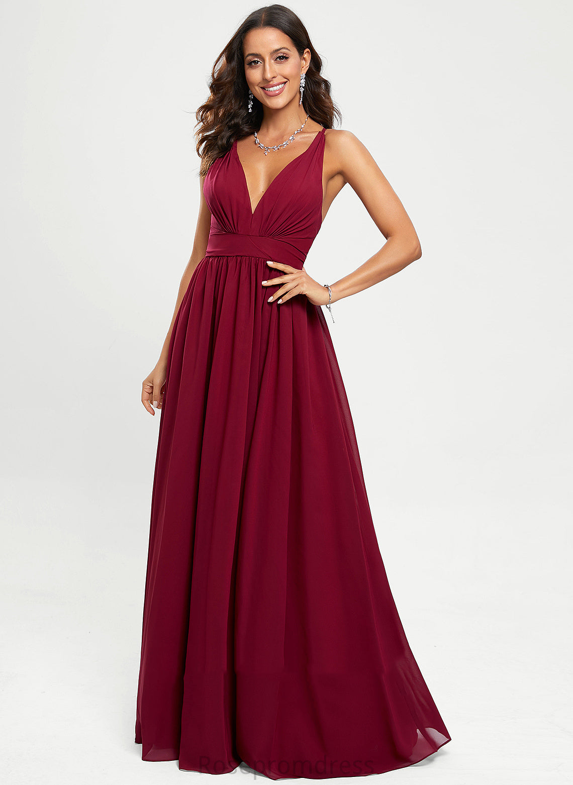 V-neck Floor-Length Prom Dresses Damaris A-Line Chiffon