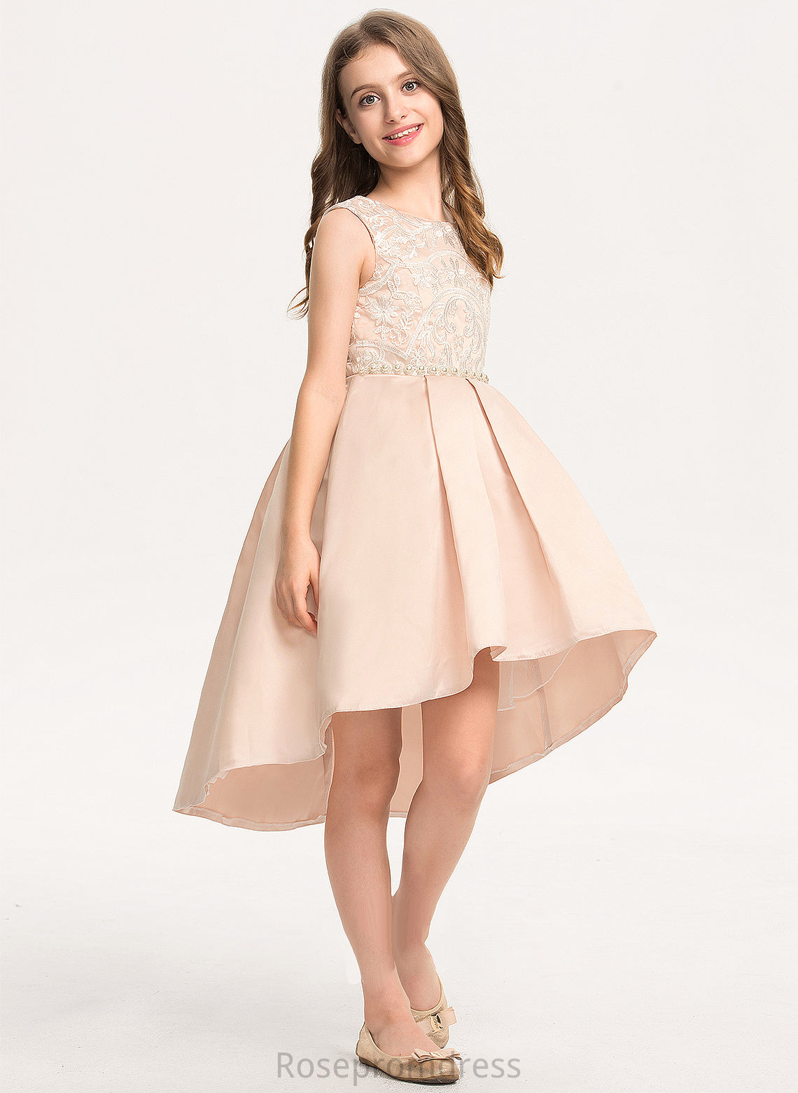 Pockets Asymmetrical A-Line Satin Lace Neck Junior Bridesmaid Dresses Scoop Beading With Mary