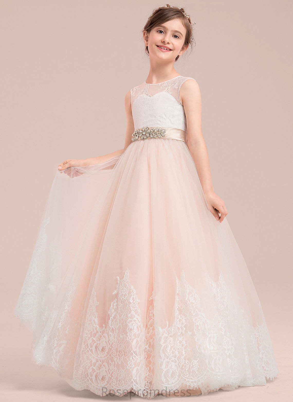 Floor-length Sleeveless Beading Ball-Gown/Princess Flower Girl Dresses Gillian - Flower Girl With Neck Scoop Dress Satin/Tulle/Lace