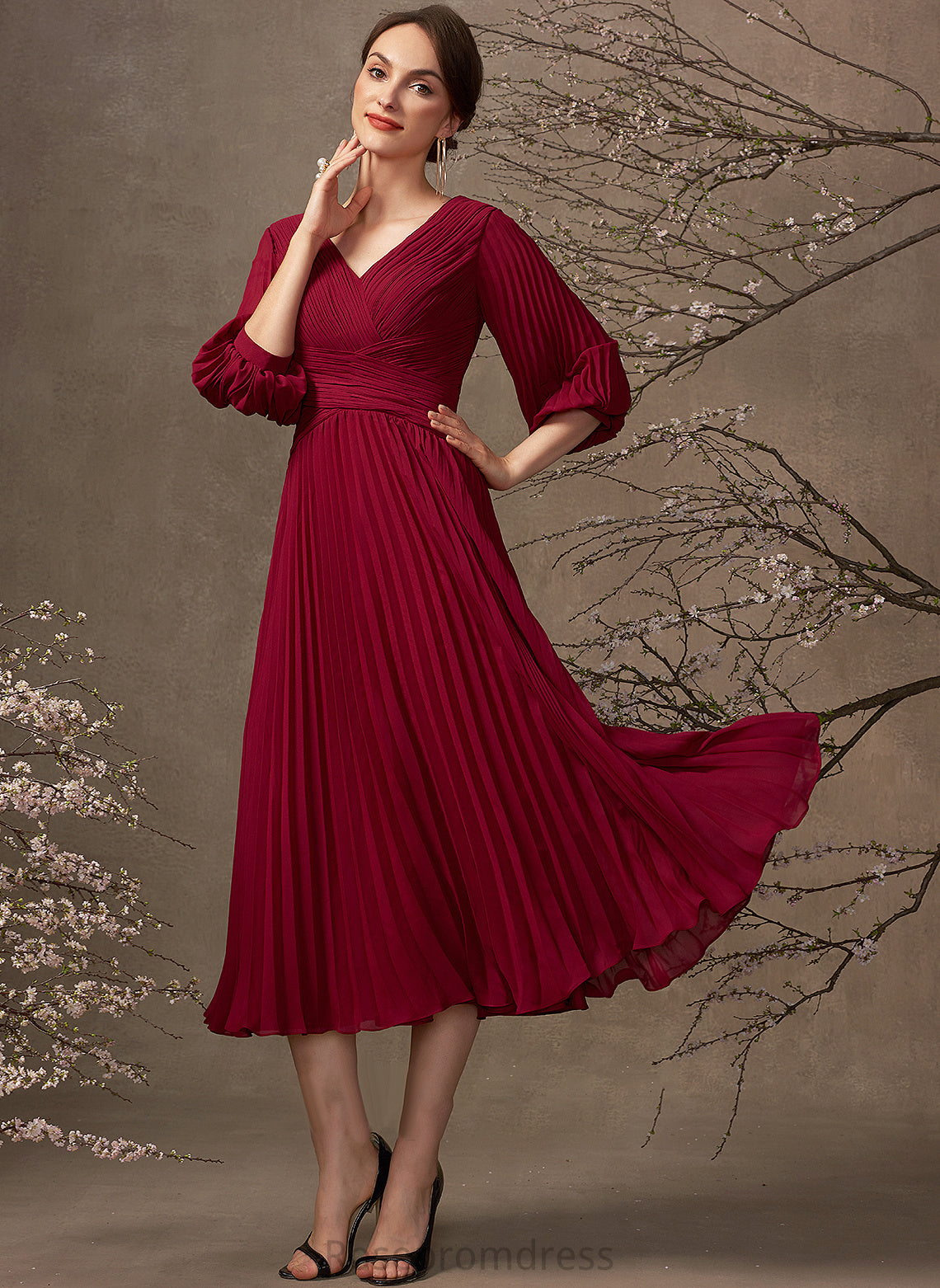 Pleated Chiffon Skyler A-Line Bride Mother Mother of the Bride Dresses of With the V-neck Dress Tea-Length