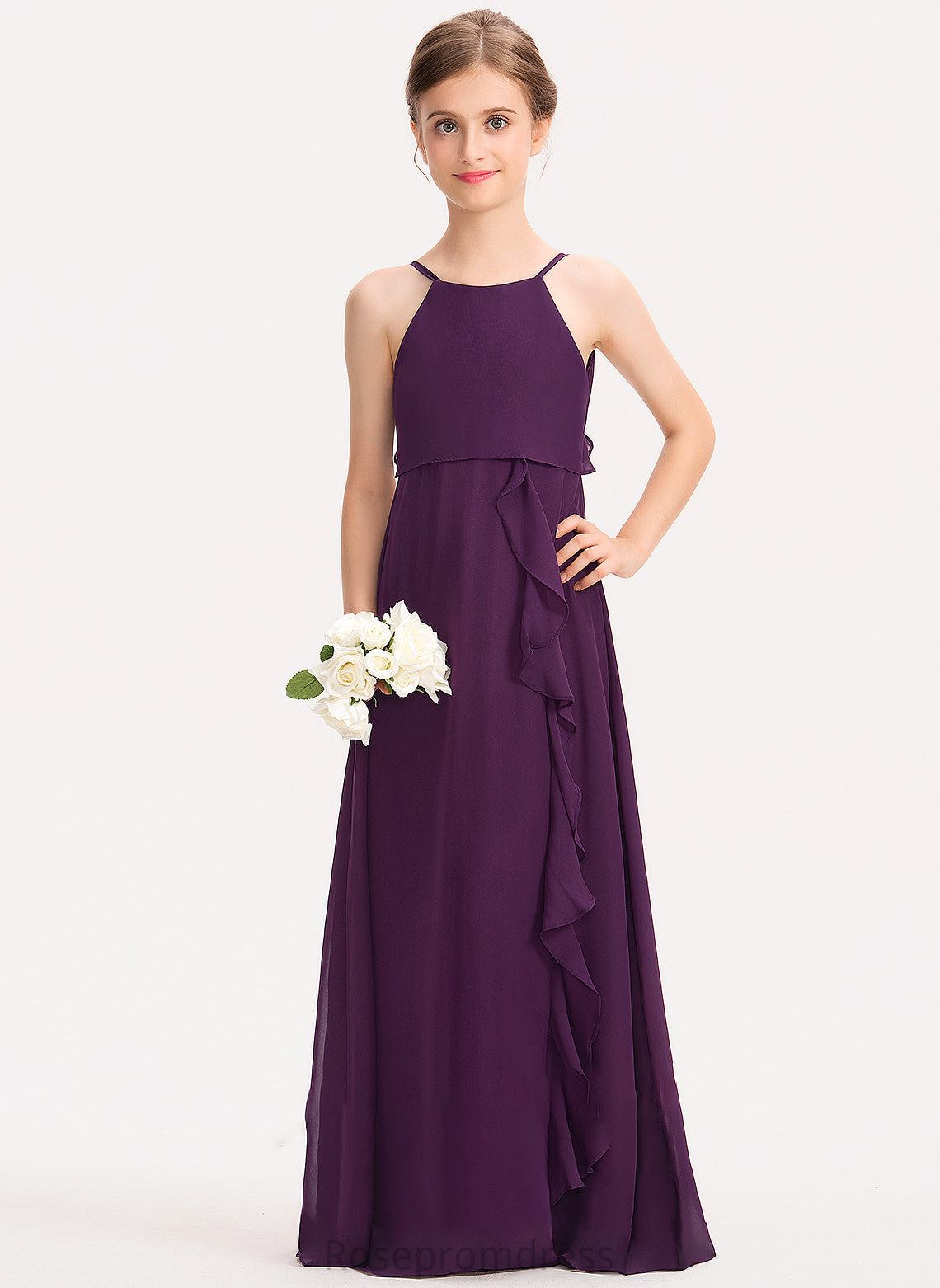 Junior Bridesmaid Dresses Scoop Cascading Ruffles Neck Ayla A-Line With Floor-Length Chiffon Bow(s)