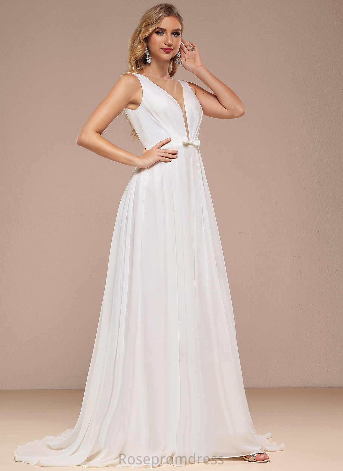 With Bow(s) Train Dress Wedding Sweep Wedding Dresses A-Line V-neck Chiffon Grace