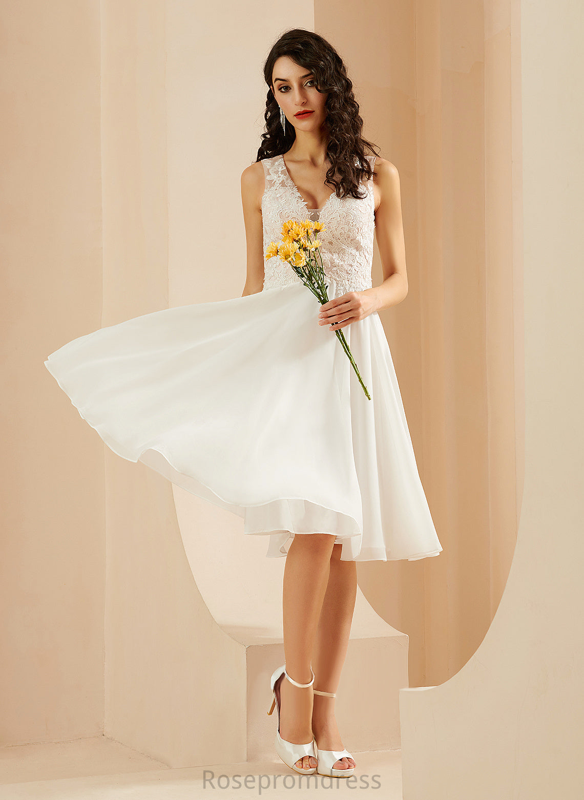 Dress Sequins Chiffon A-Line Wedding Dresses Lace V-neck Nancy Knee-Length Wedding With