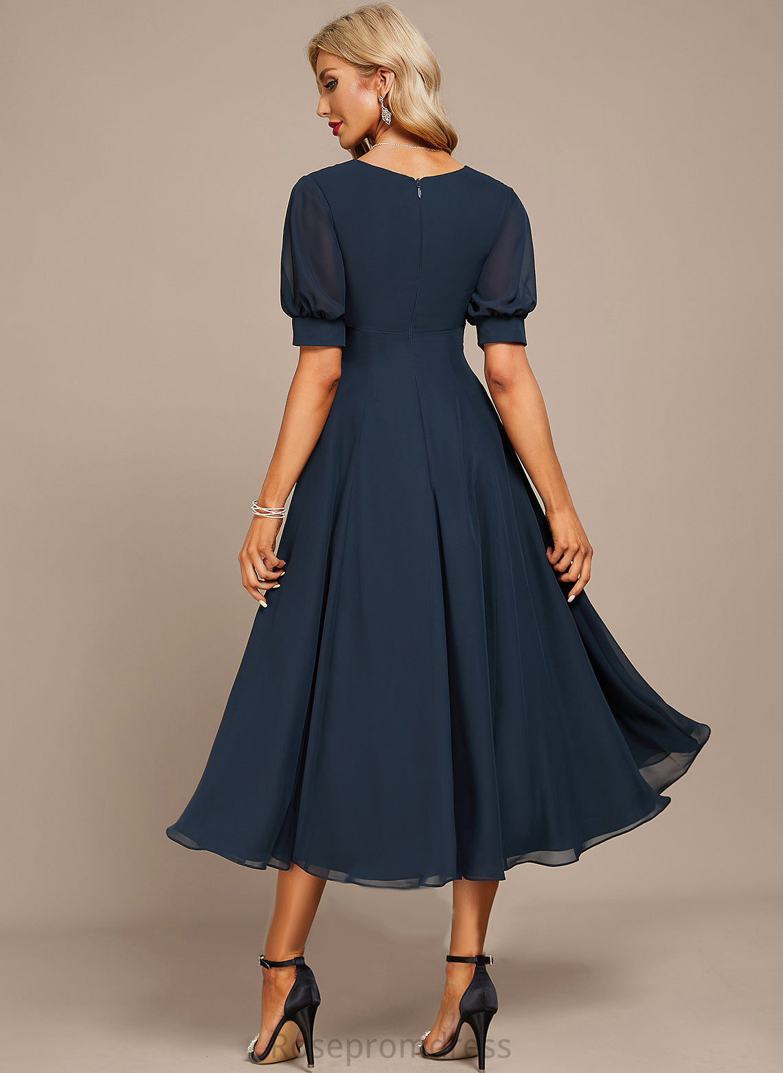 Ruffle Veronica Cocktail Dress A-Line With V-neck Cocktail Dresses Tea-Length Chiffon