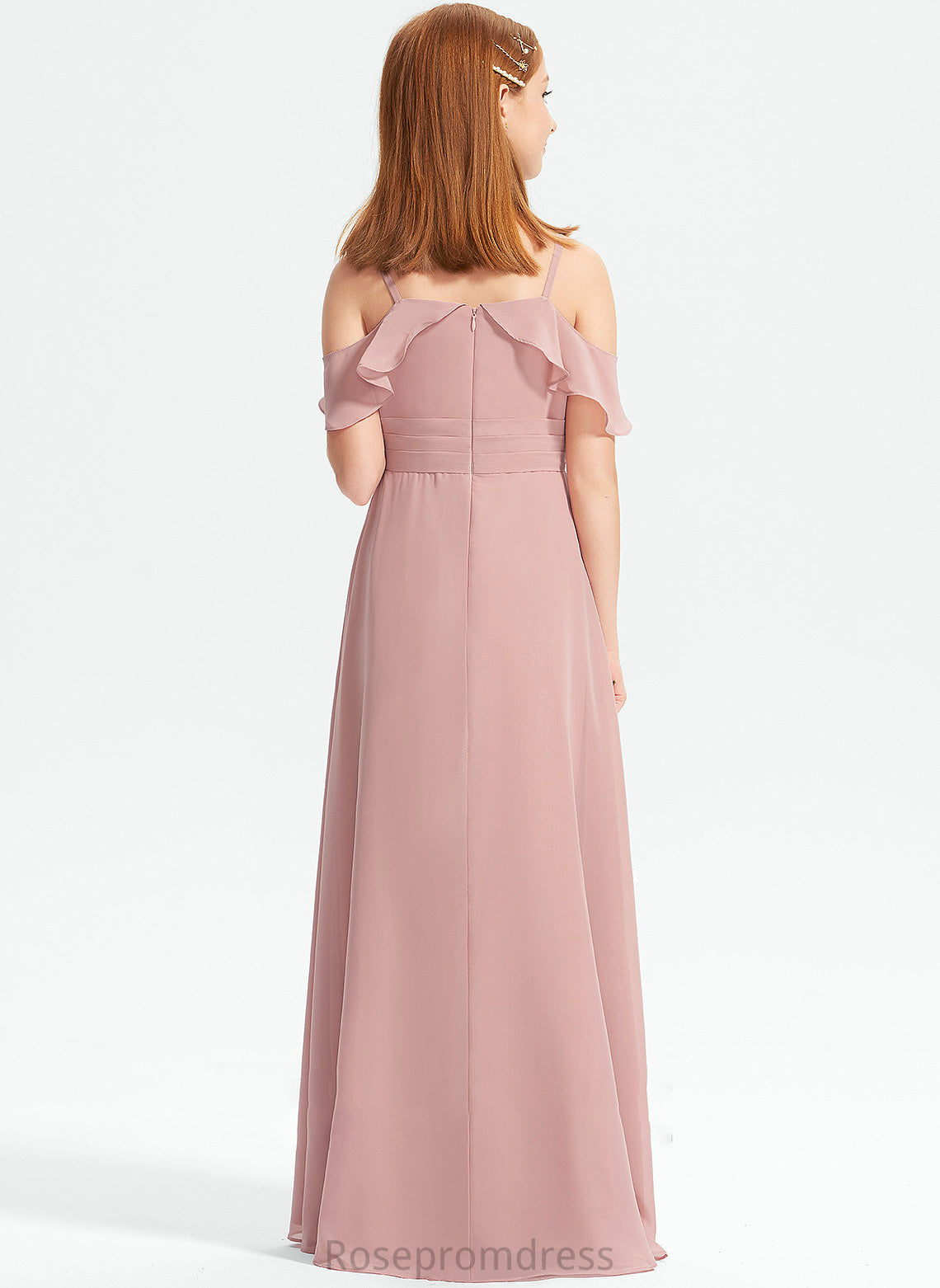 Junior Bridesmaid Dresses A-Line With Off-the-Shoulder Cascading Karen Ruffles Floor-Length Chiffon