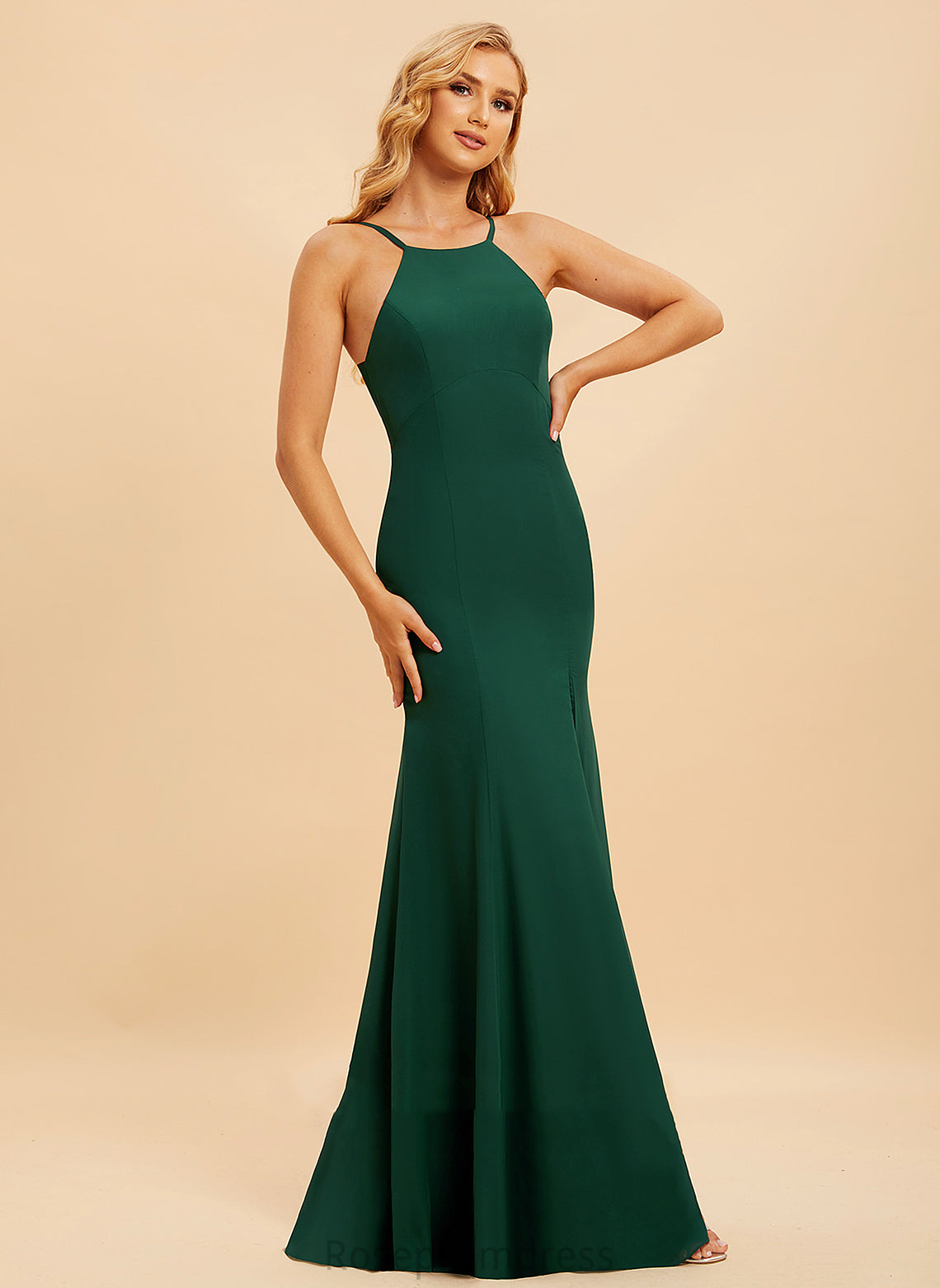 Trumpet/Mermaid Neckline Floor-Length Fabric Embellishment Length Silhouette SplitFront HighNeck Gladys Natural Waist Spaghetti Staps Bridesmaid Dresses