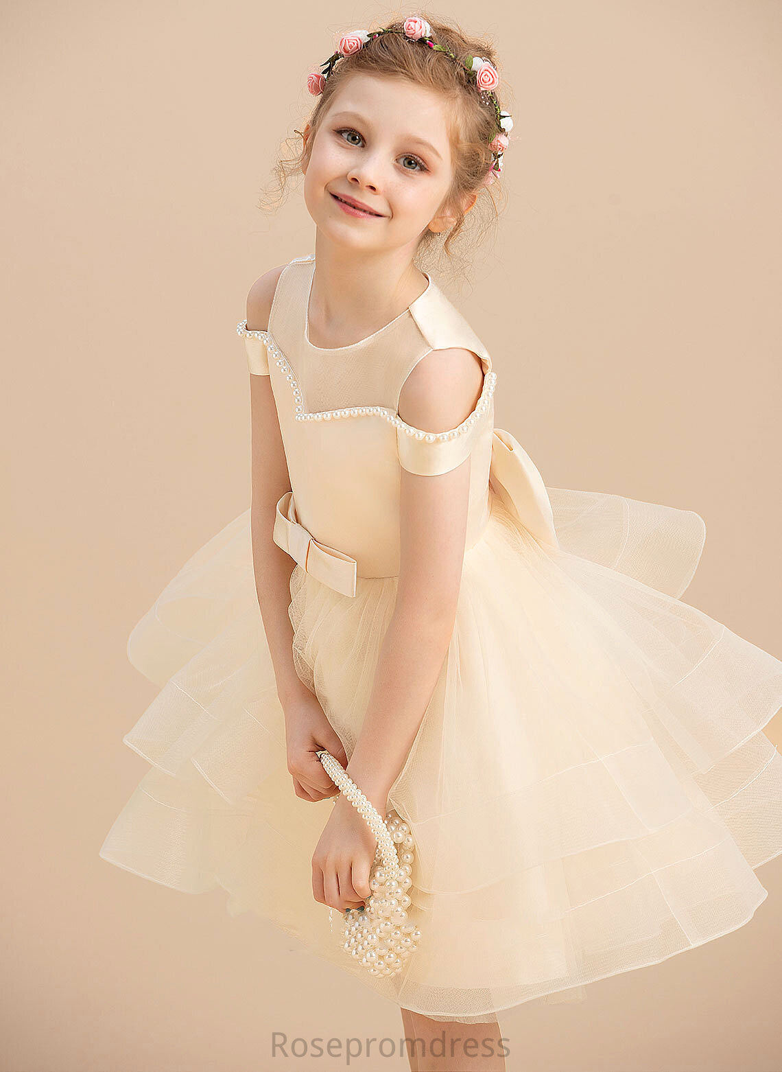 With Sleeveless Satin/Tulle Olive Dress Knee-length Flower Girl Dresses - Flower Beading/Bow(s) Girl Ball-Gown/Princess Neck Scoop