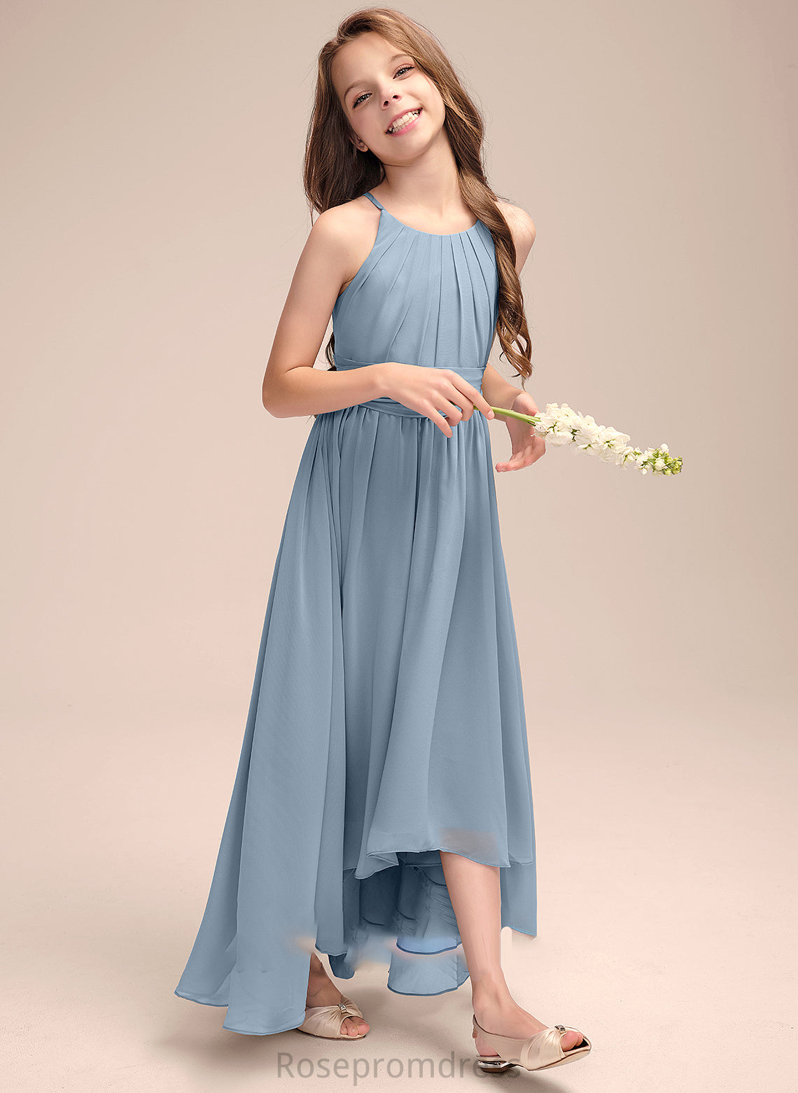 Asymmetrical Junior Bridesmaid Dresses With Ruffle A-Line Neck Chiffon Scoop Persis Bow(s)