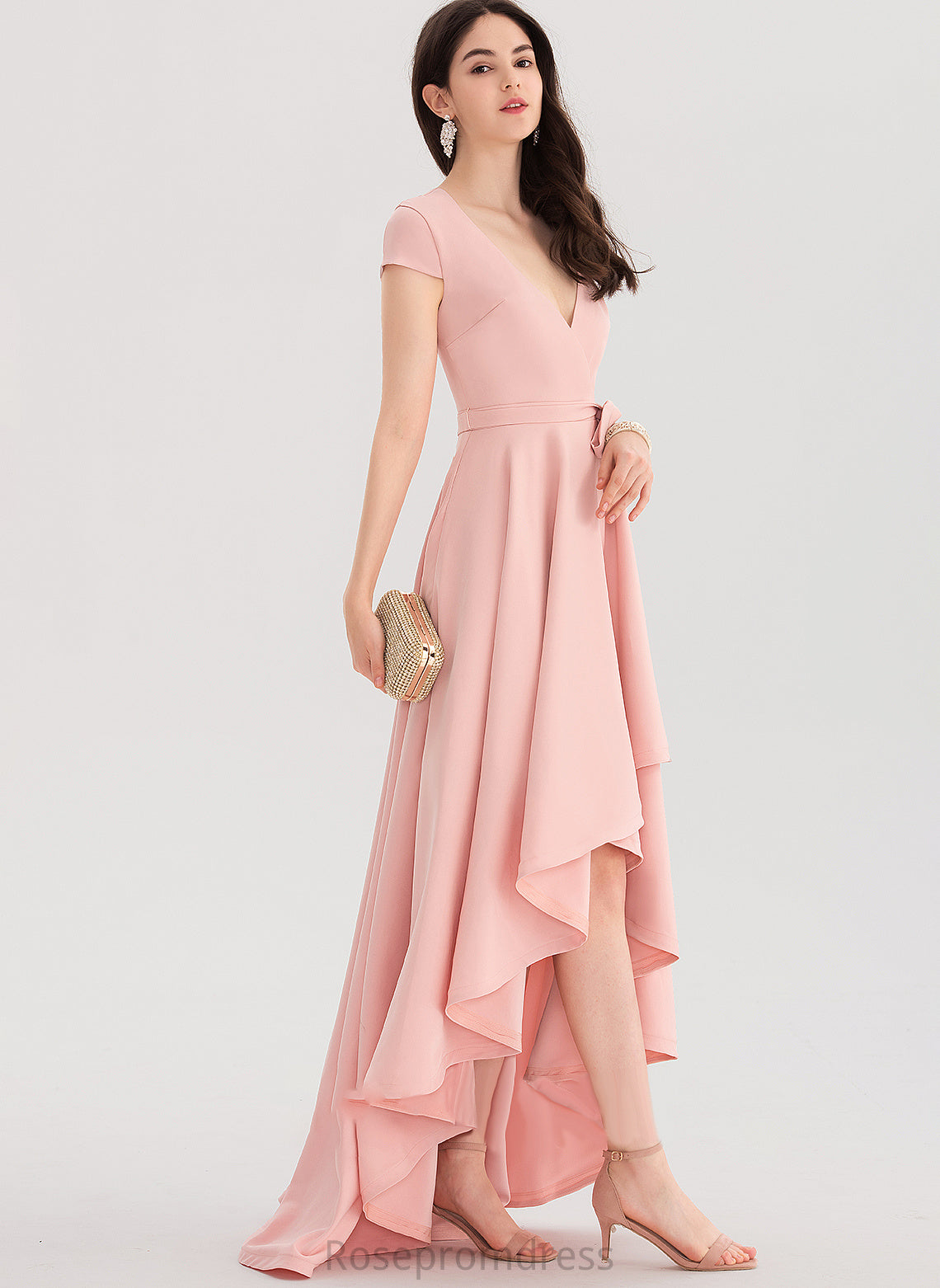 Crepe V-neck Marely Prom Dresses Stretch Asymmetrical A-Line