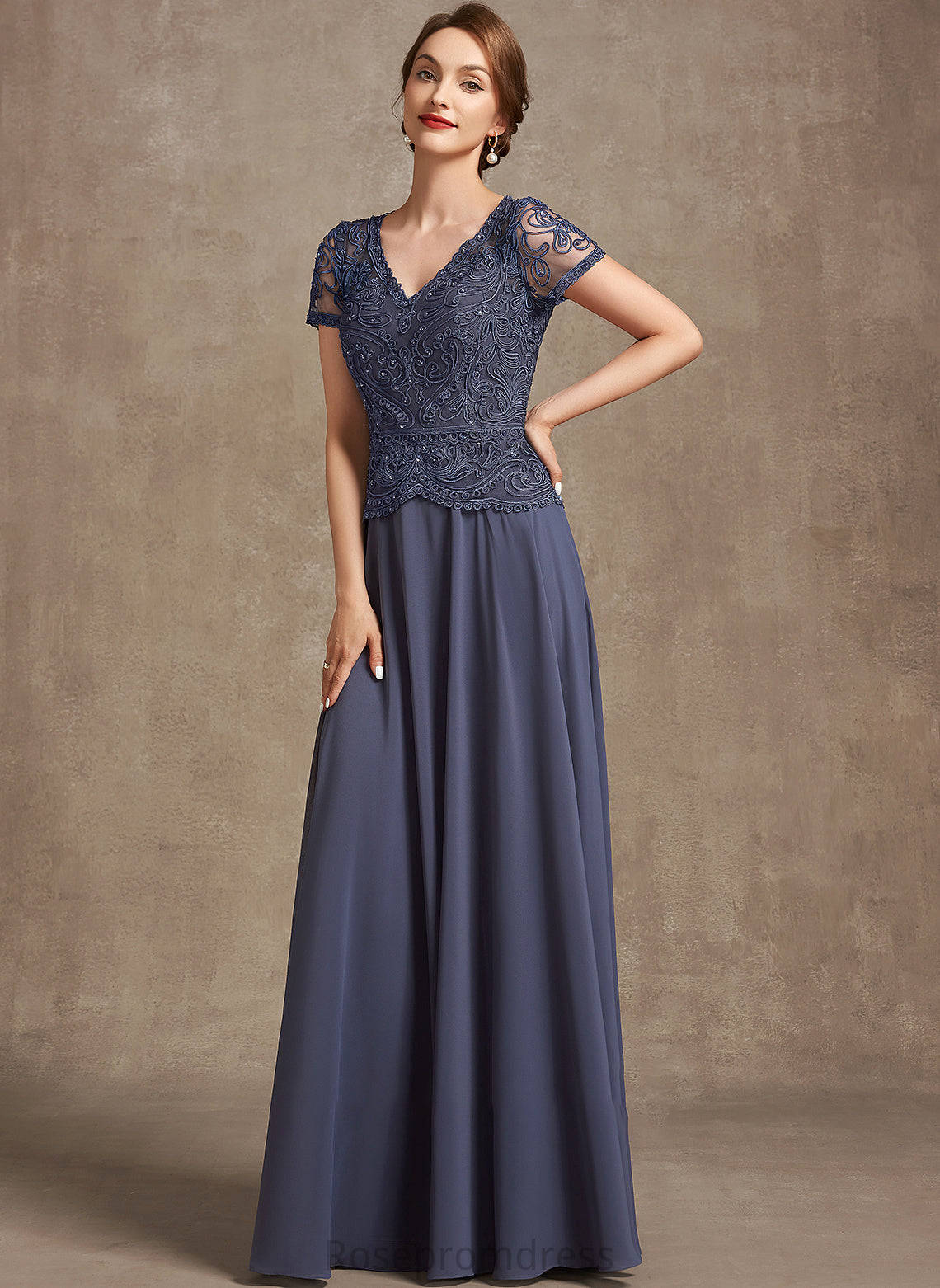 Dress Taryn Lace A-Line Chiffon Mother of the Bride Dresses Sequins V-neck Mother With the Floor-Length of Bride