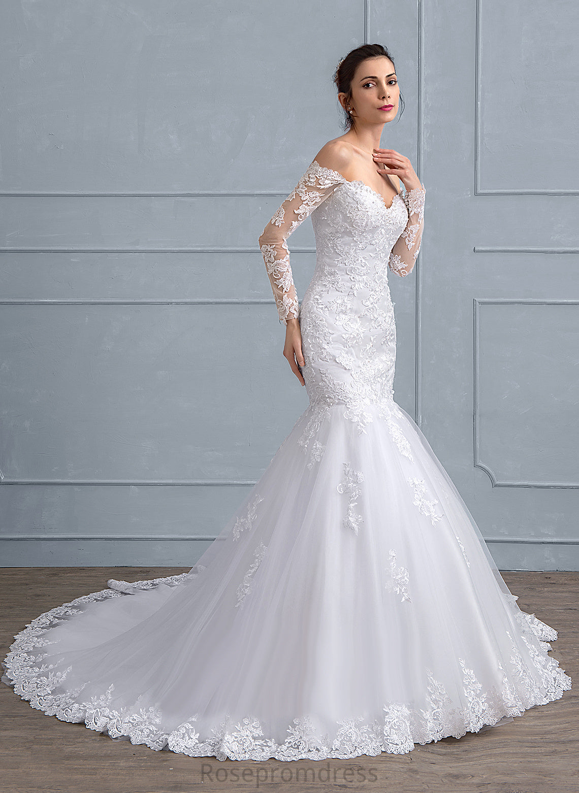 Trumpet/Mermaid Beading Dress Tulle Lace Sequins Wedding Dresses Court Off-the-Shoulder Train With Wedding Jessica