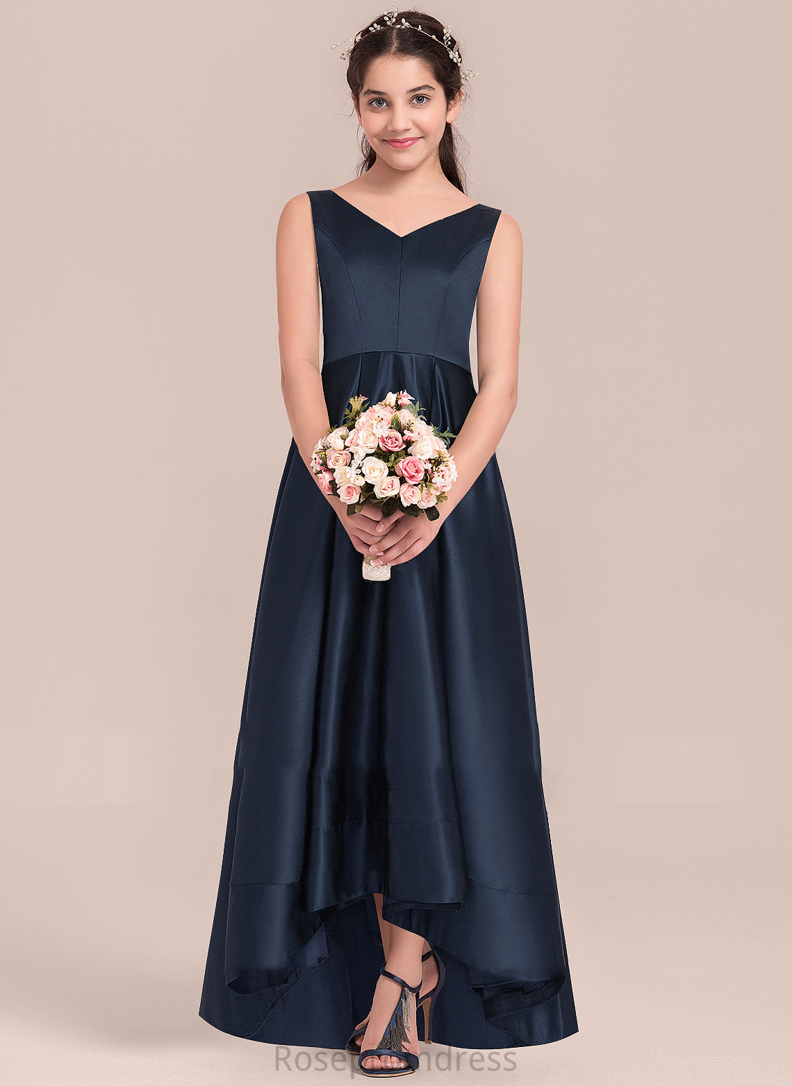 Nita Asymmetrical A-Line Satin Junior Bridesmaid Dresses V-neck