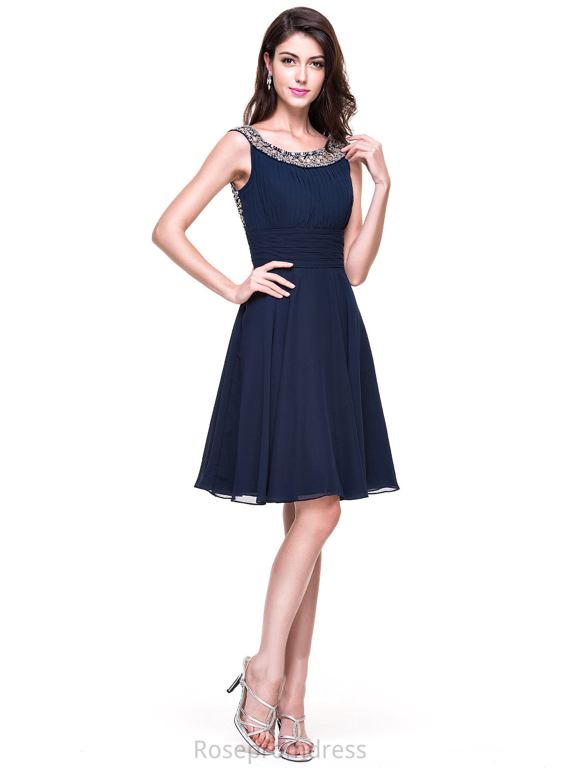 Beading Gianna Scoop A-Line Knee-Length Ruffle Cocktail Dresses Chiffon With Cocktail Neck Dress