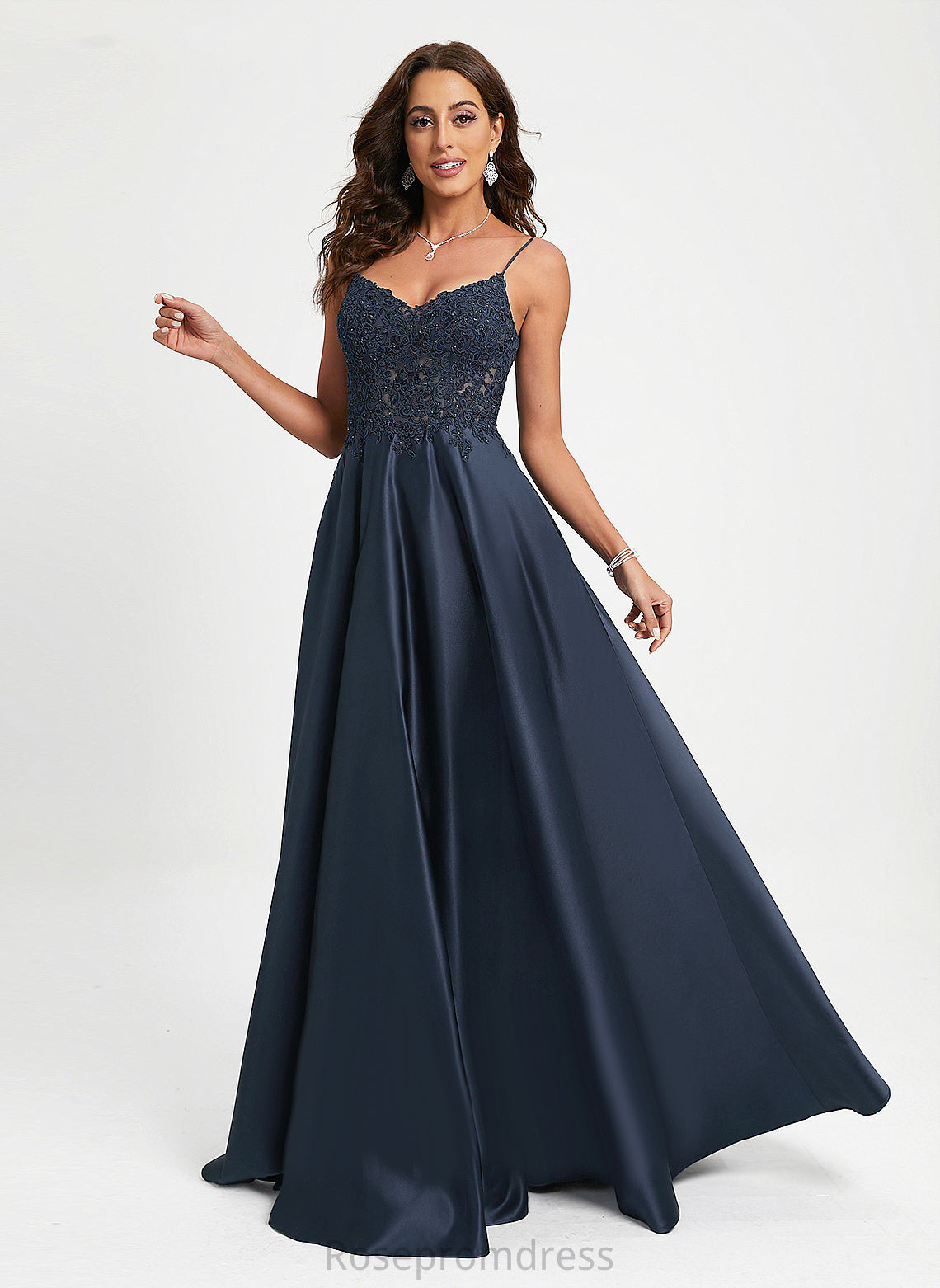 A-Line Yoselin Prom Dresses Floor-Length With Satin Lace V-neck Sequins