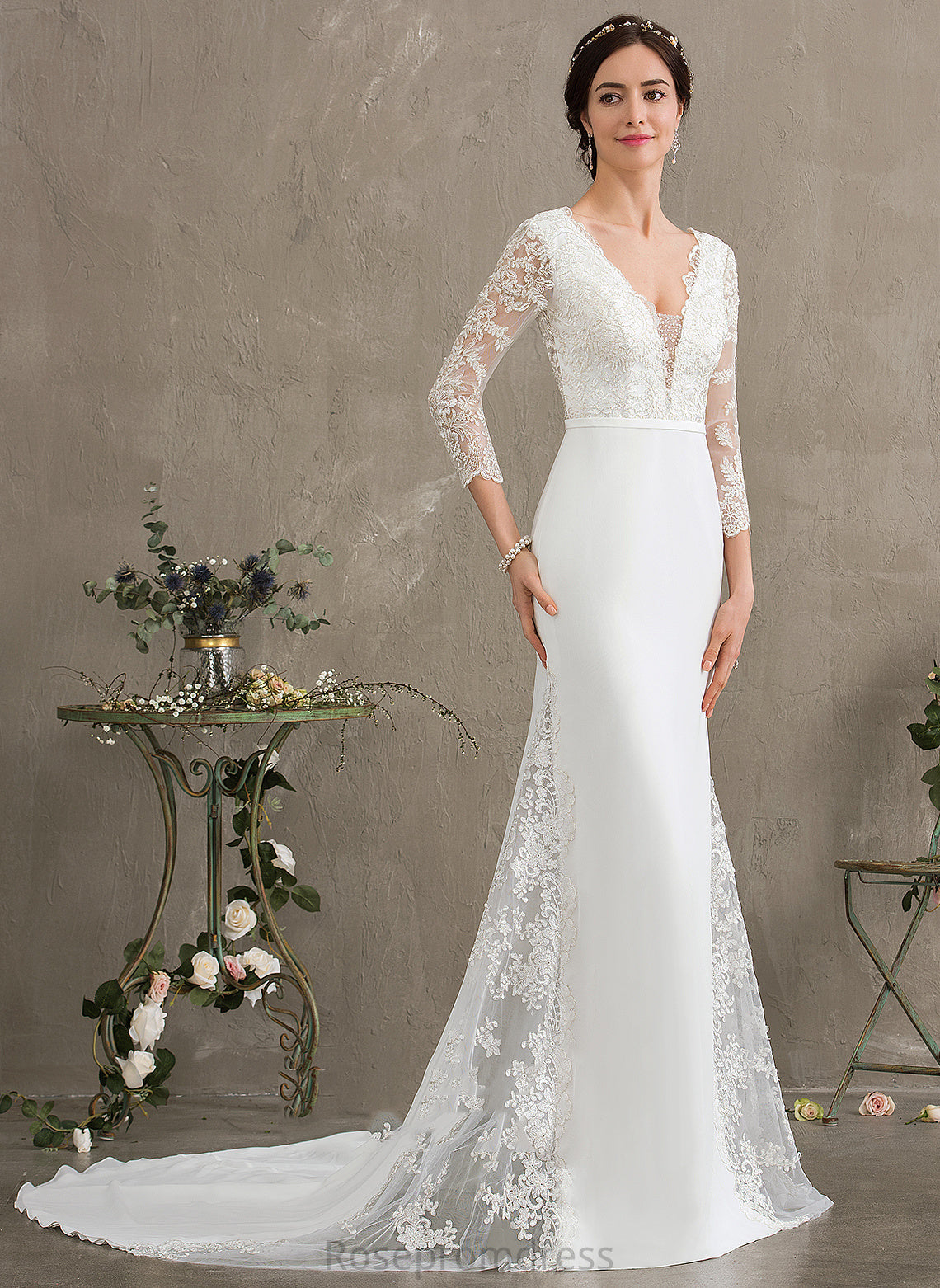 Trumpet/Mermaid Beading Sequins Lace Wedding Wedding Dresses Train Dominique Dress Chapel With Chiffon V-neck