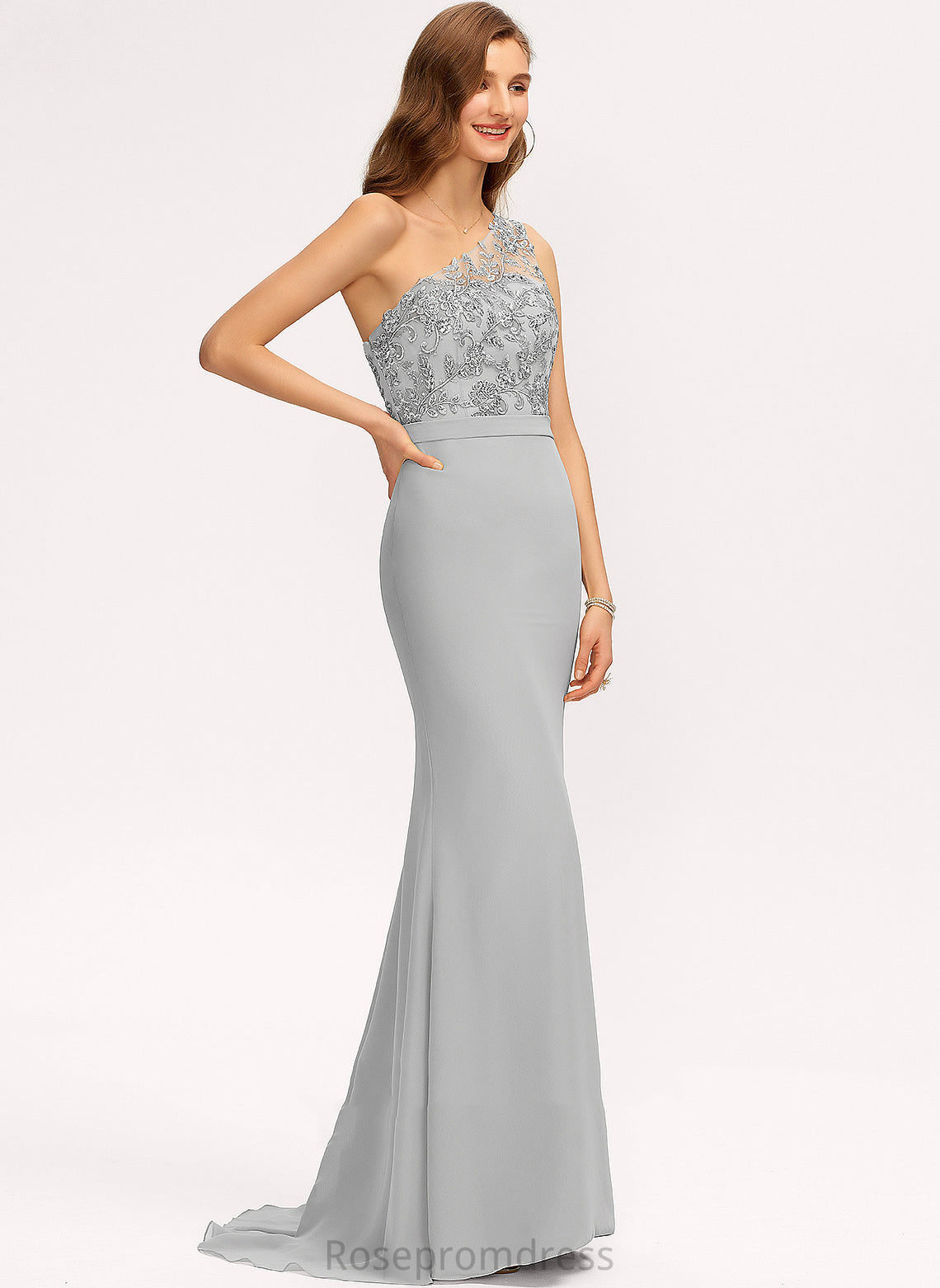 Silhouette SweepTrain One-Shoulder Trumpet/Mermaid Length Straps Neckline Fabric Lace Gloria Floor Length Stretch Satin Bridesmaid Dresses