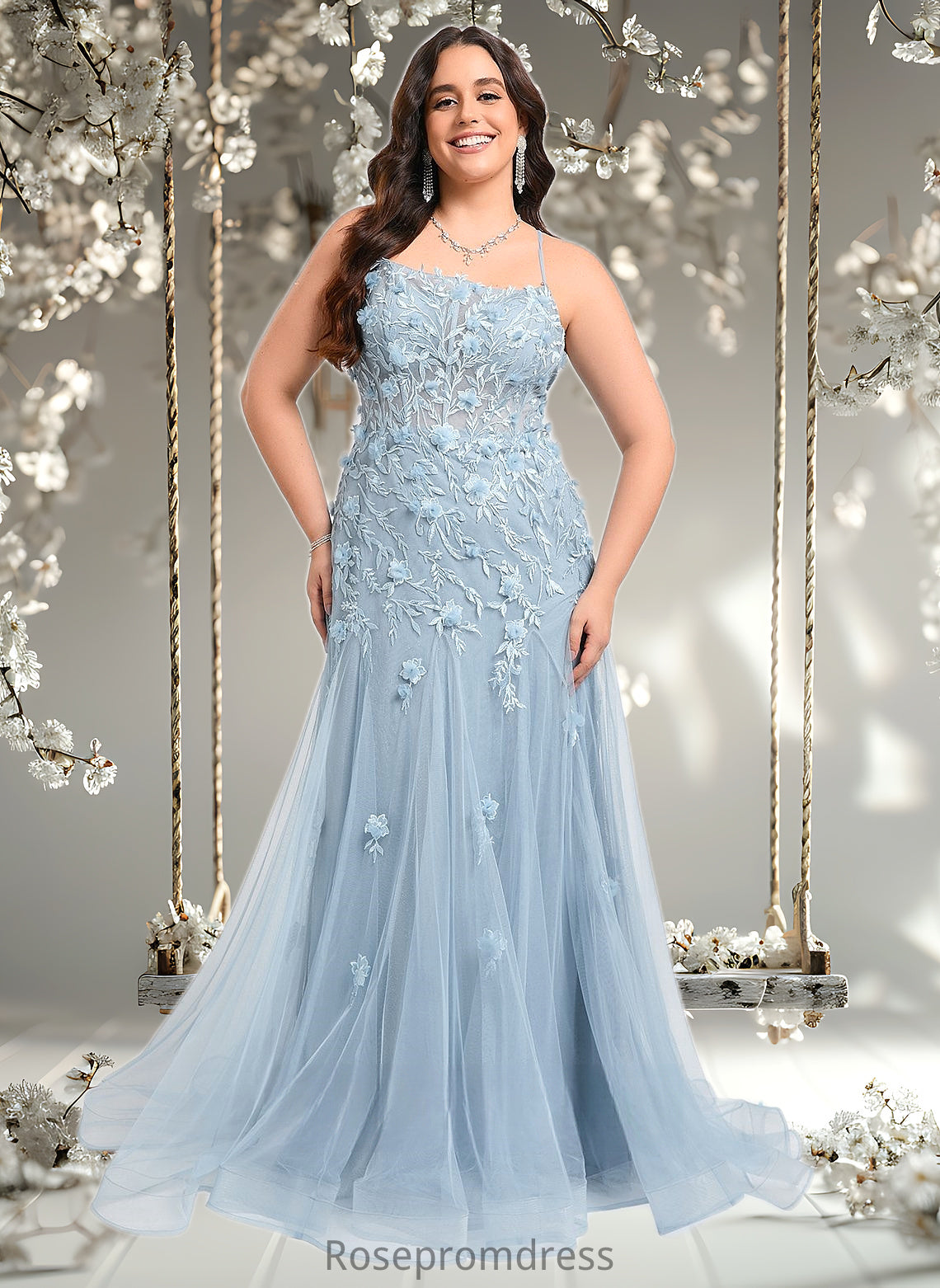 Noemi Trumpet/Mermaid Straight Sweep Train Tulle Prom Dresses With Flower DSP0025866