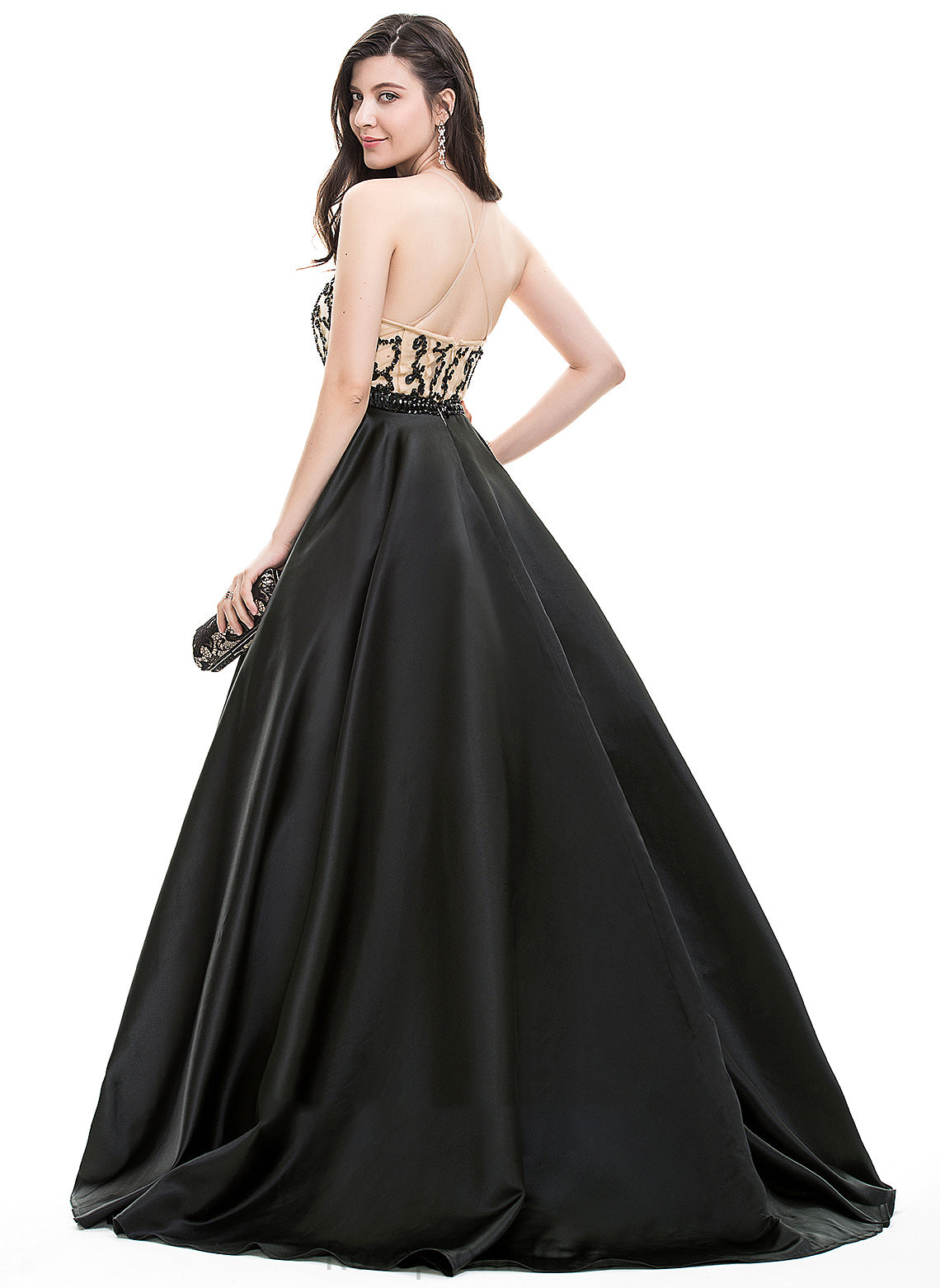 Train Satin Neck Sasha Sequins Sweep With Beading Prom Dresses Scoop Ball-Gown/Princess