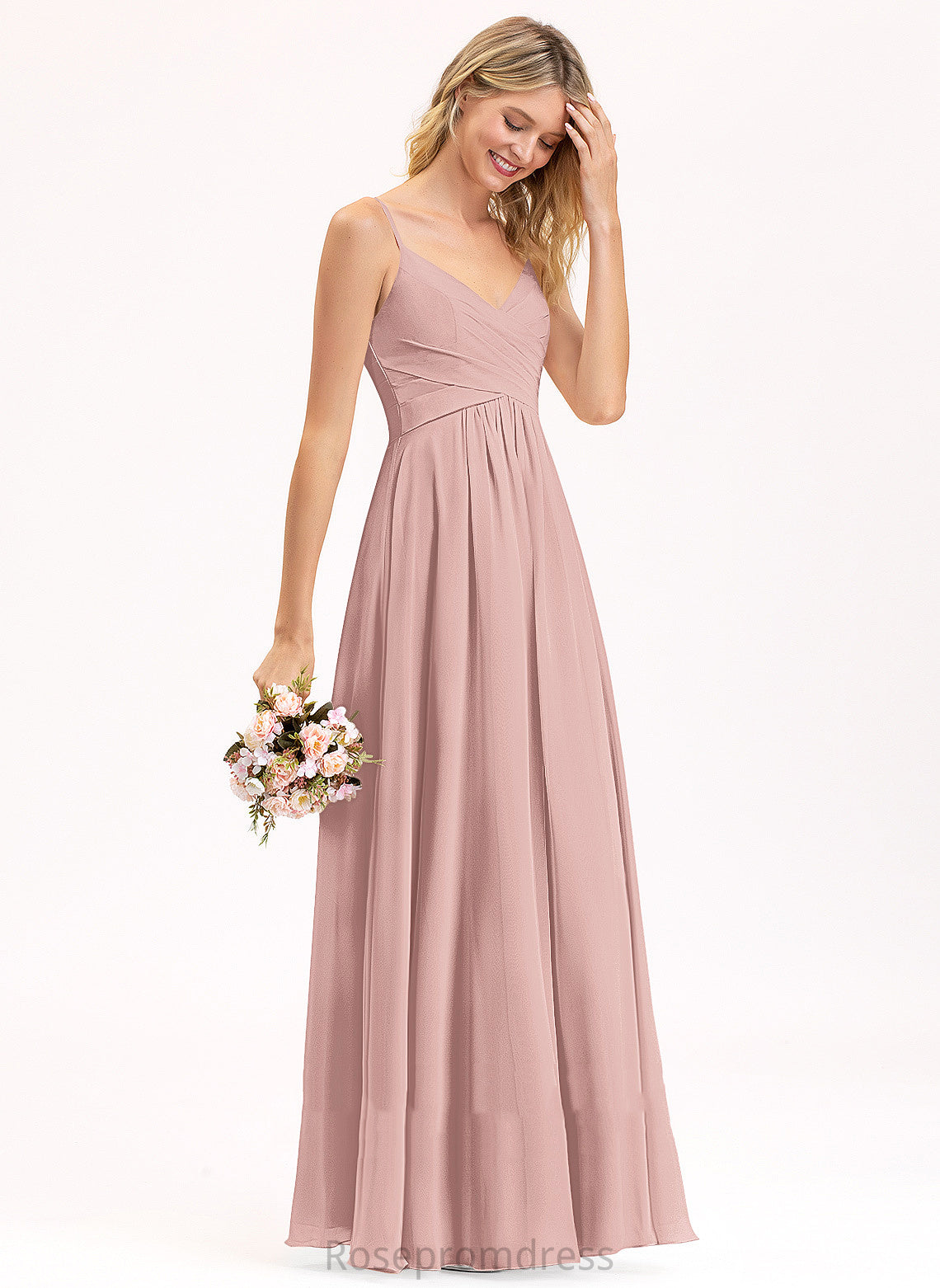 Floor-Length Embellishment Length V-neck Neckline Silhouette A-Line Fabric Ruffle Irene Natural Waist Scoop Bridesmaid Dresses