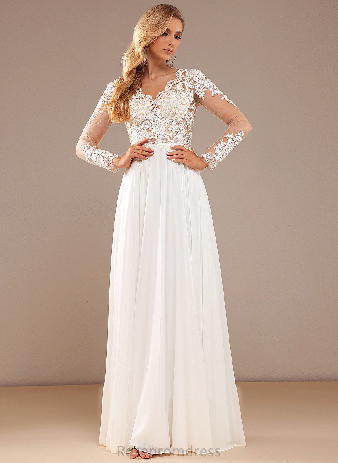 A-Line Wedding Dresses With Sequins Wedding V-neck Lace Lace Chiffon Floor-Length Dress Adrienne