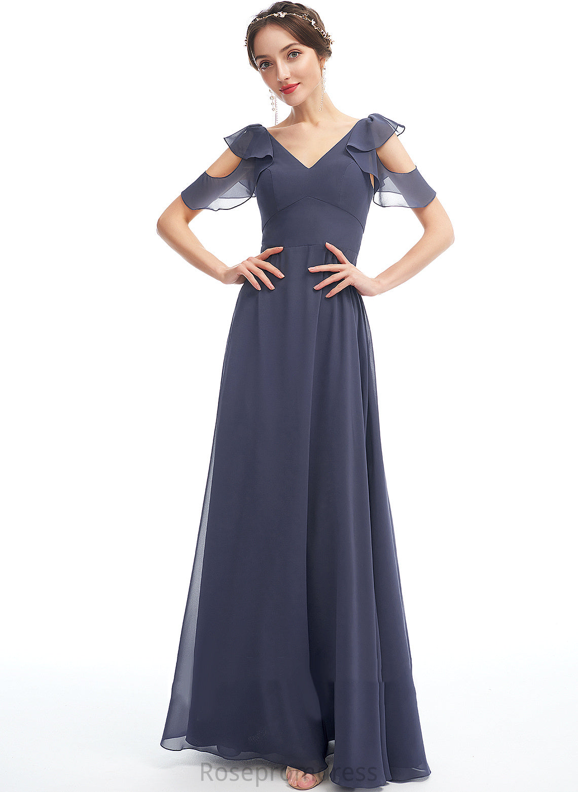 Silhouette A-Line Embellishment Floor-Length Neckline Fabric Ruffle Length V-neck Madelyn A-Line/Princess Sleeveless Bridesmaid Dresses