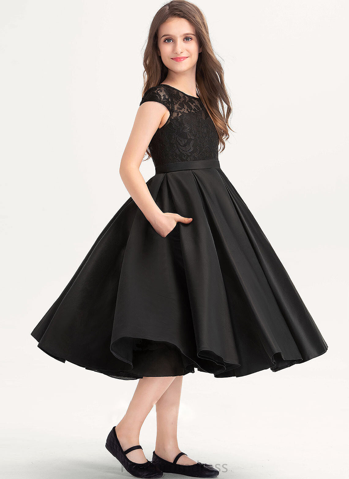 Knee-Length Pockets Junior Bridesmaid Dresses Satin Lace Scoop A-Line Neck With Millie